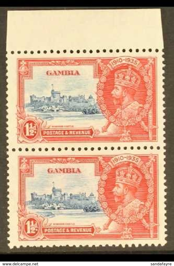 1935 1½d Deep Blue And Scarlet, Jubilee, Top Marginal Vertical Pair Showing The Variety "Lightening Conductor" By Left S - Gambia (...-1964)