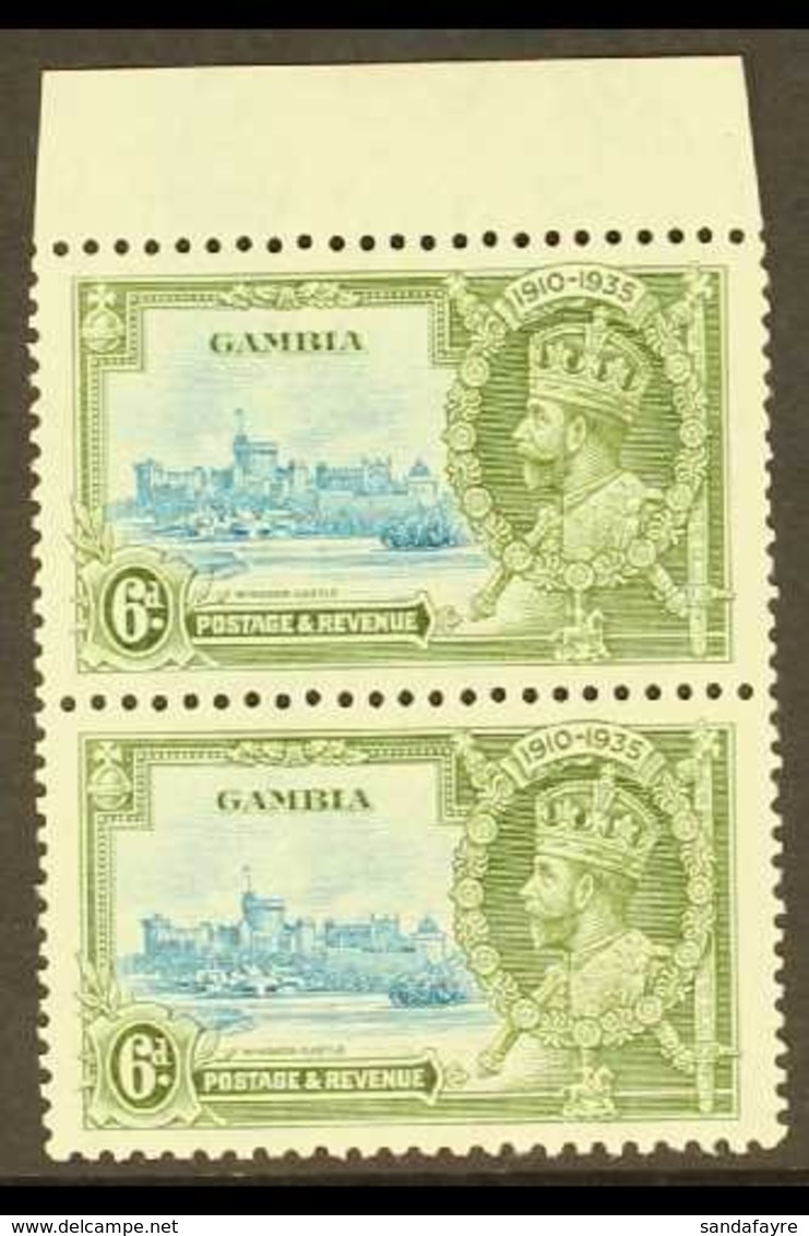 1935 6d Light Blue And Olive Green, Jubilee, Top Marginal Vertical Pair Showing The Variety "Lightening Conductor" By Le - Gambia (...-1964)