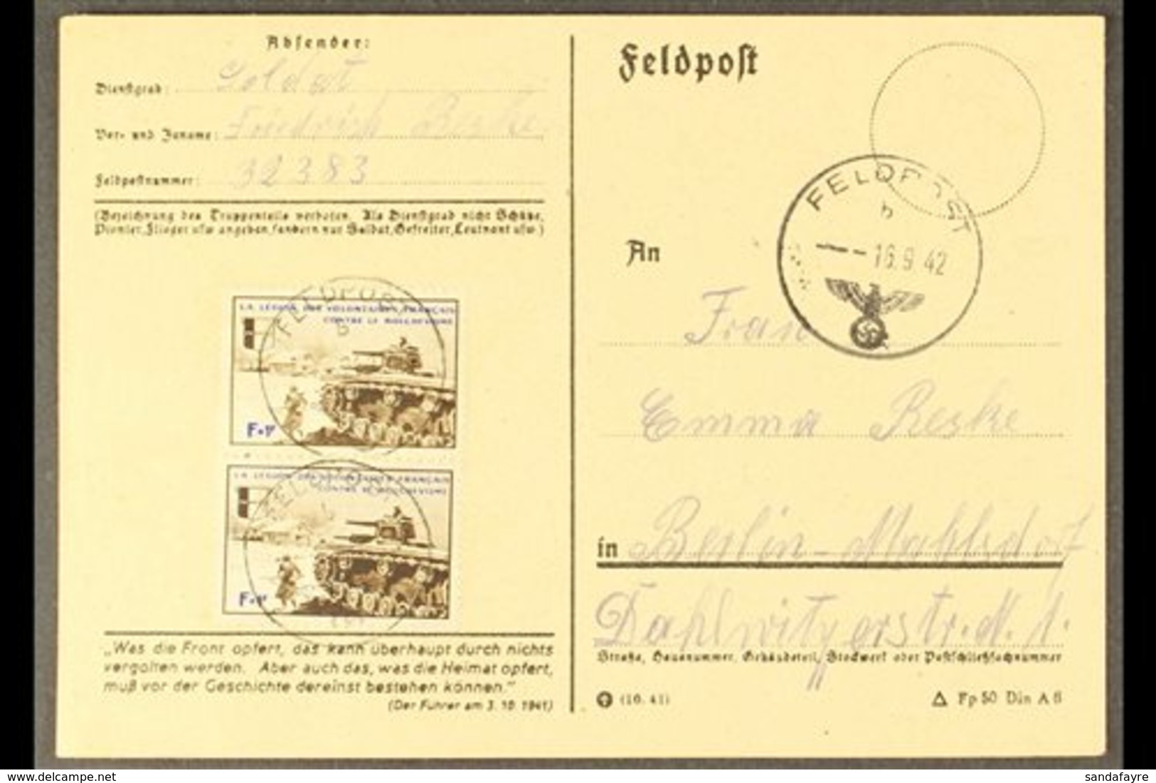 FRENCH LEGION 1942 (16 Aug) Feldpost Post Card To Berlin With Lengthy Message On Reverse Bearing A PAIR Of The 1942 (Apr - Other & Unclassified
