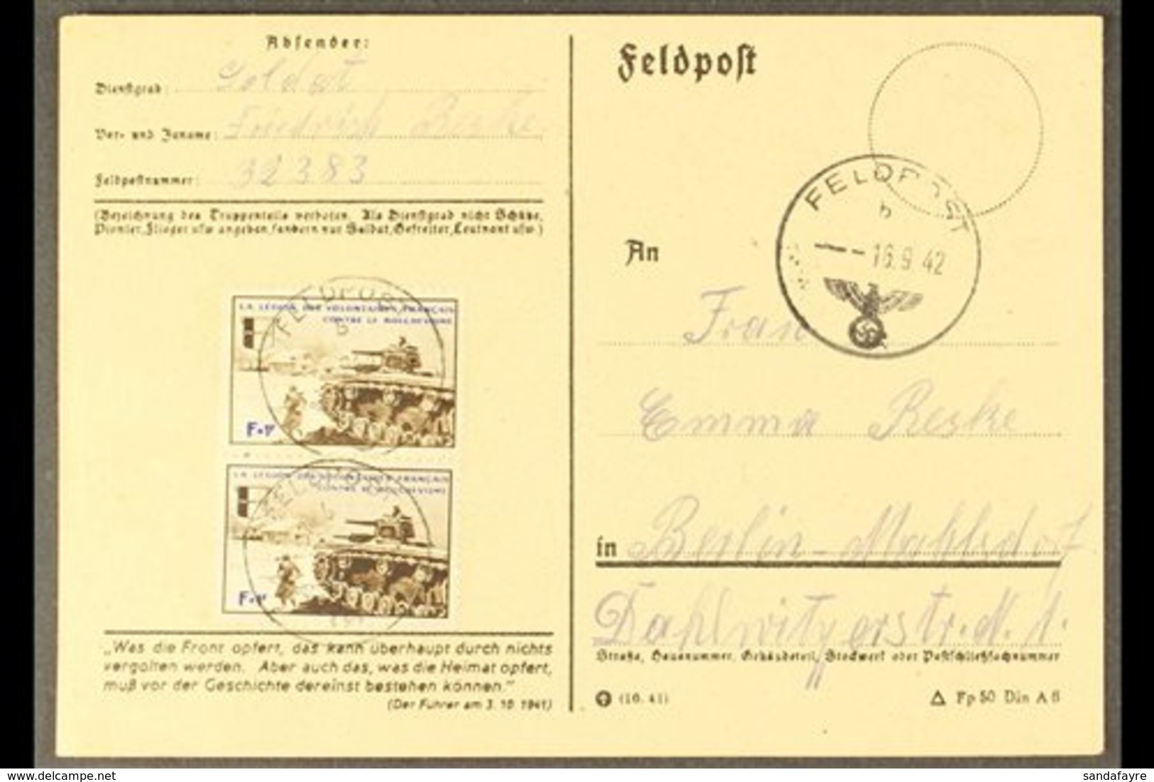 FRENCH LEGION 1942 (16 Aug) Feldpost Post Card To Berlin With Lengthy Message On Reverse Bearing A PAIR Of The 1942 (Apr - Autres & Non Classés