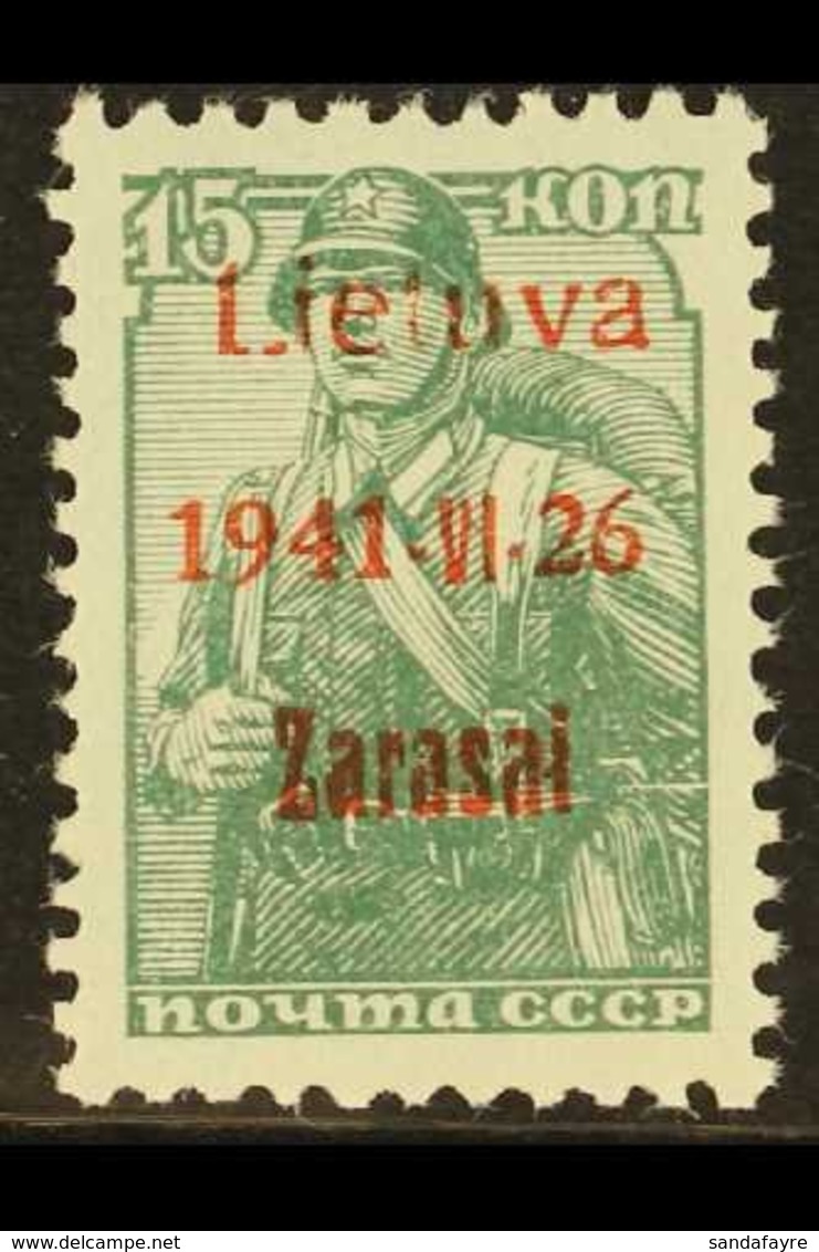 LITHUANIA 1941 15k Green Ovptd Zarasai, Type II, In Red, Mi 3bIIA, Vf NHM. For More Images, Please Visit Http://www.sand - Other & Unclassified