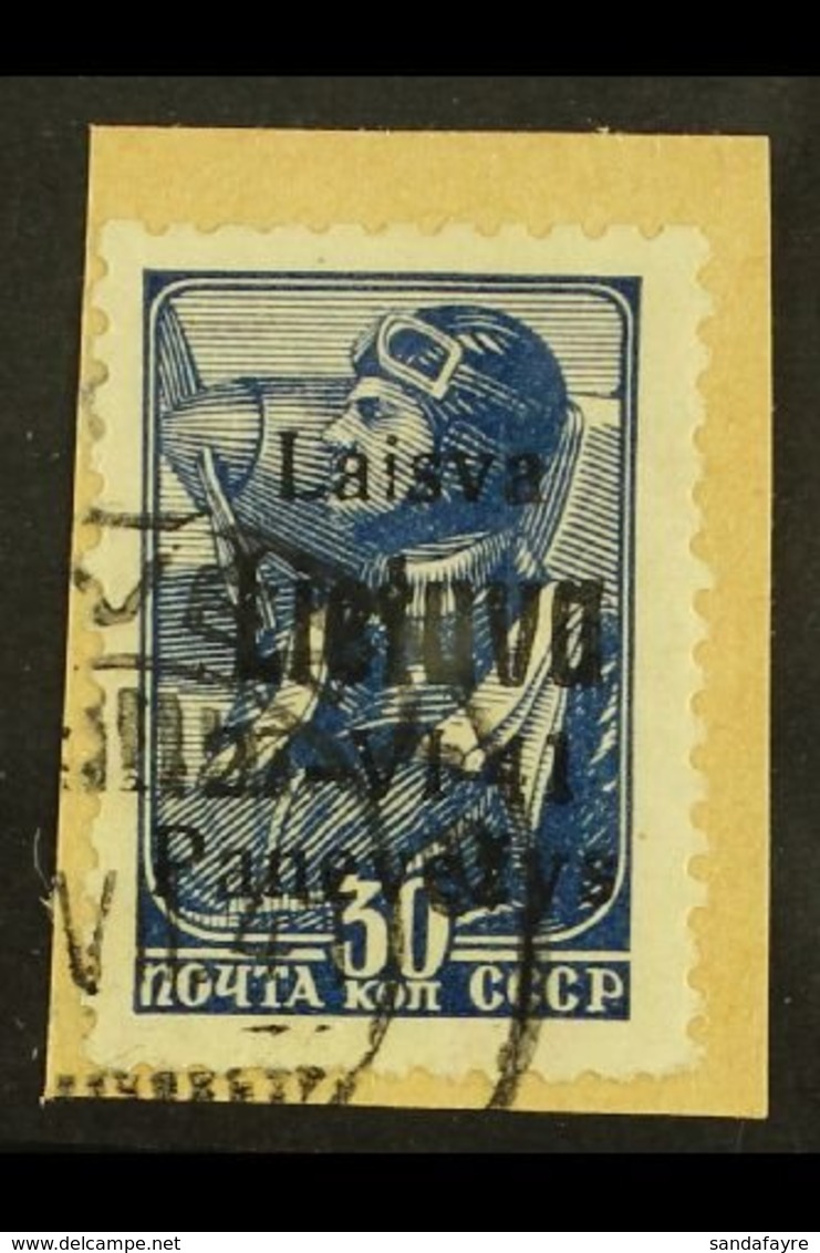 LITHUANIA. PONEWESCH 1941 30k Blue With Black Overprint, Michel 8b, Very Fine Used Tied To Small Piece. Signed Klein BPP - Other & Unclassified