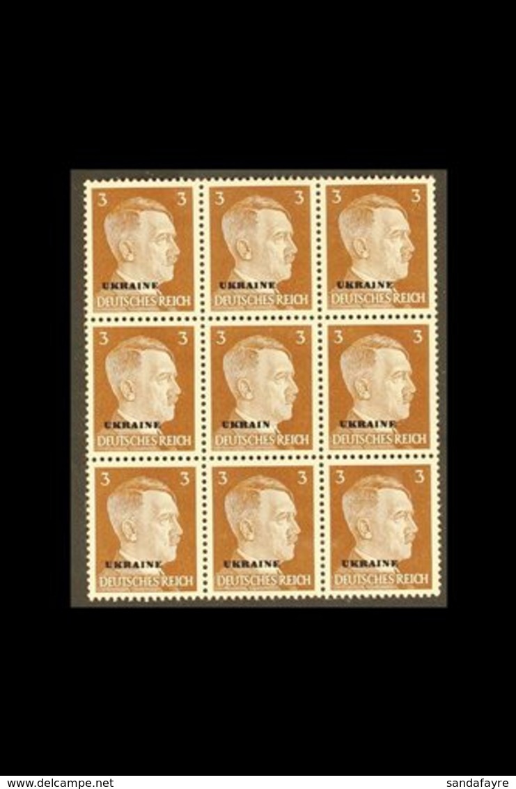 UKRAINE 1941 3pf Red- Brown Block Of Nine, The Central Stamp With "UKRAIN" OVERPRINT ERROR, Michel 2+2 I, Never Hinged M - Autres & Non Classés