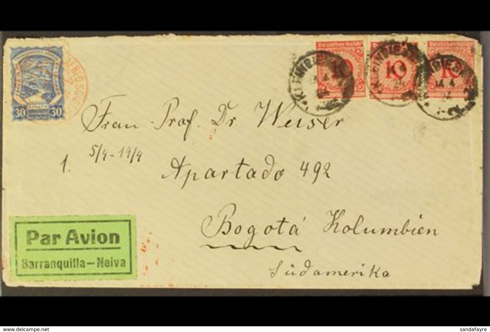 1924 SCADTA COVER An Commercial Cover From Germany To Bogotá, Columbia With 10pf (x3) & SCADTA 1923 30c. Interesting Cov - Autres & Non Classés