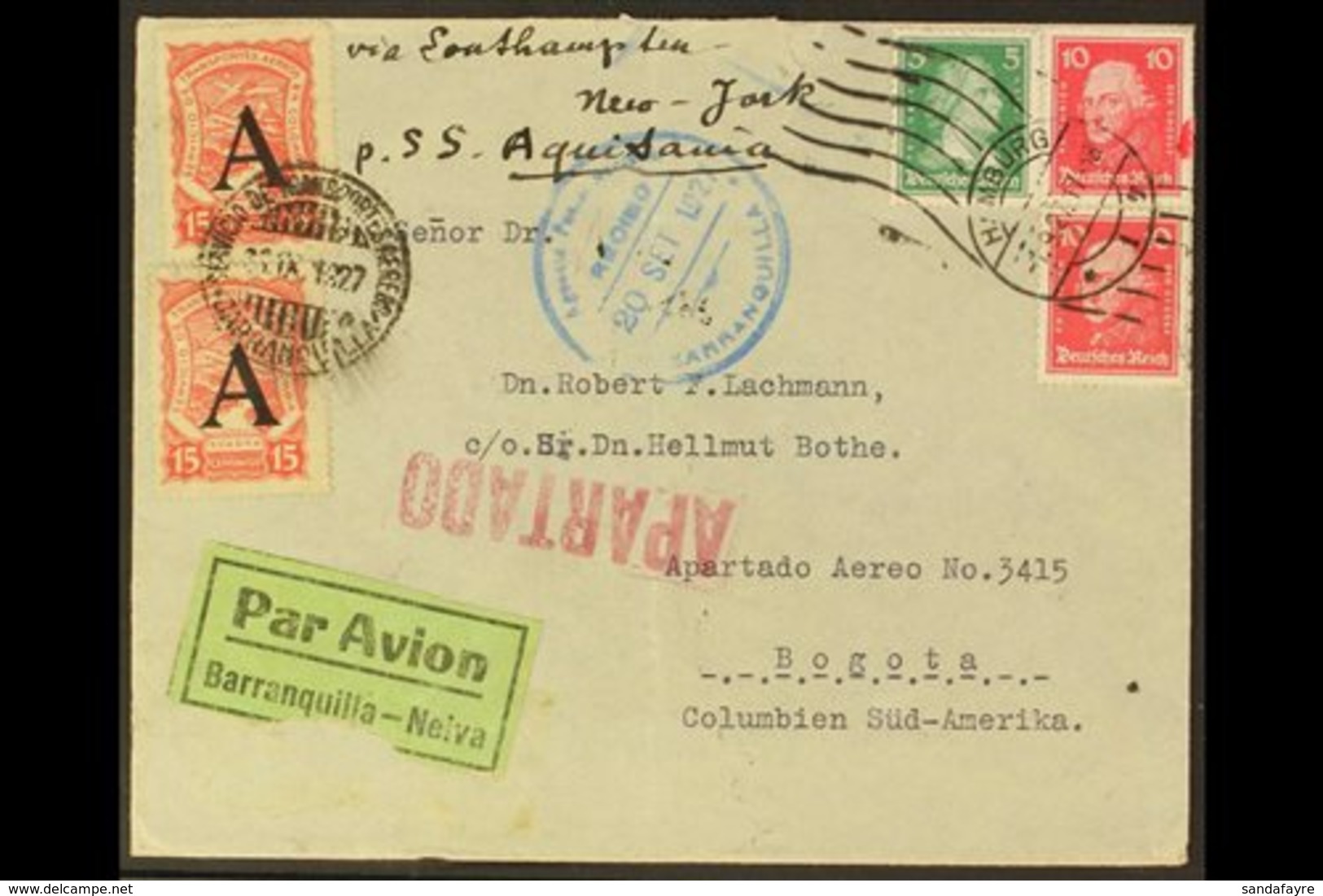 1927 SCADTA COVER. An Attractive COVER From Germany To Bogotá, Columbia With 5pf & 10pf (x2) And SCADTA 1923 15c (x2) Wi - Autres & Non Classés