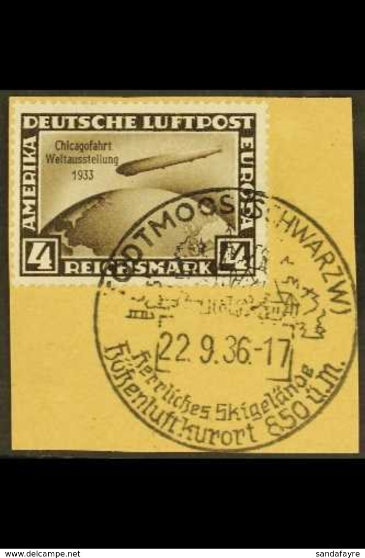1933 4m Sepia Air Graf Zeppelin Chicago Flight Overprint (Michel 498, SG 512), Superb Used On Piece, Very Fresh. For Mor - Other & Unclassified
