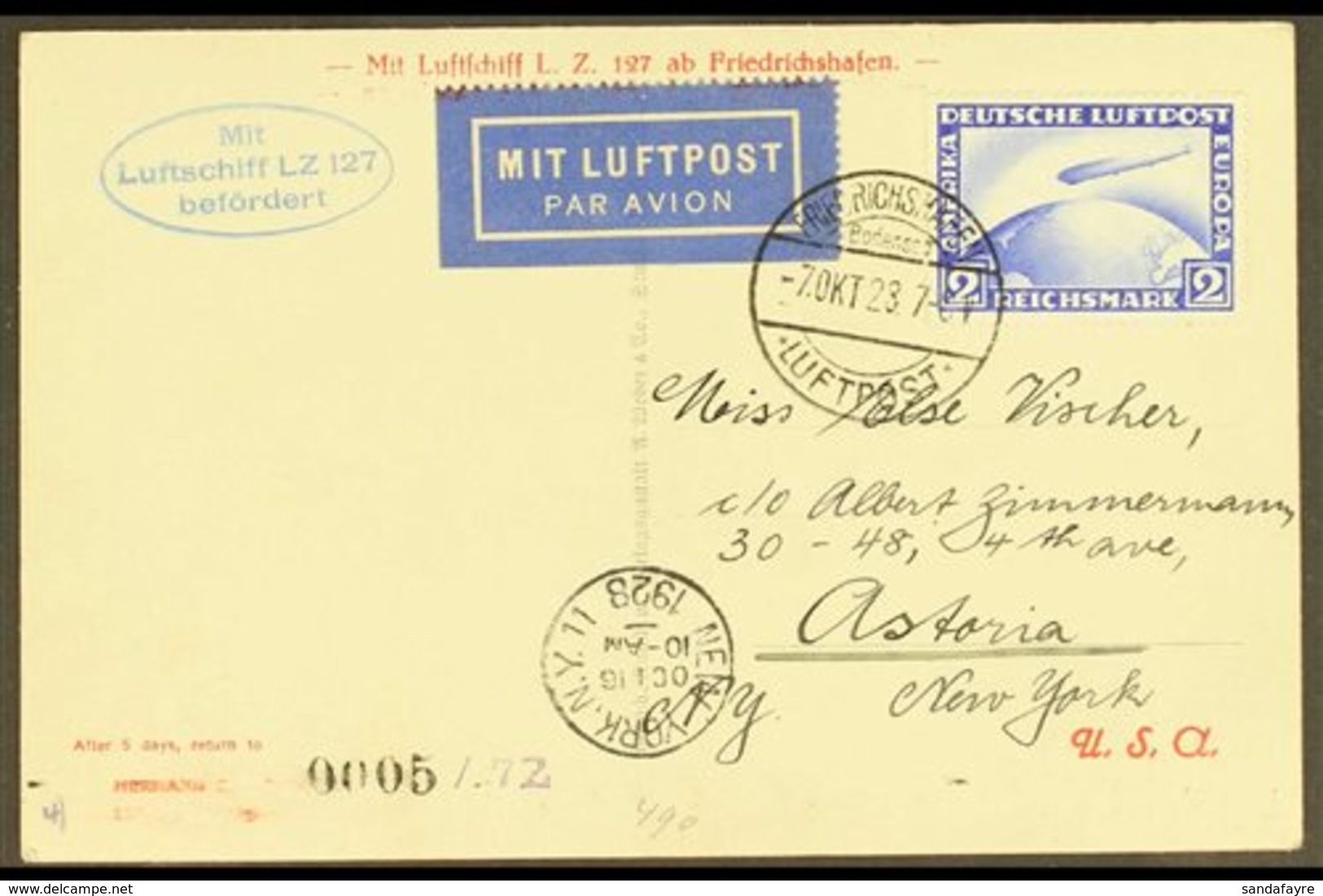 GRAF ZEPPELIN 1928 AMERICA FLIGHT 1928 (7 Oct) Picture Postcard Addressed To New York, Bearing 2m Zeppelin Stamp Tied By - Other & Unclassified