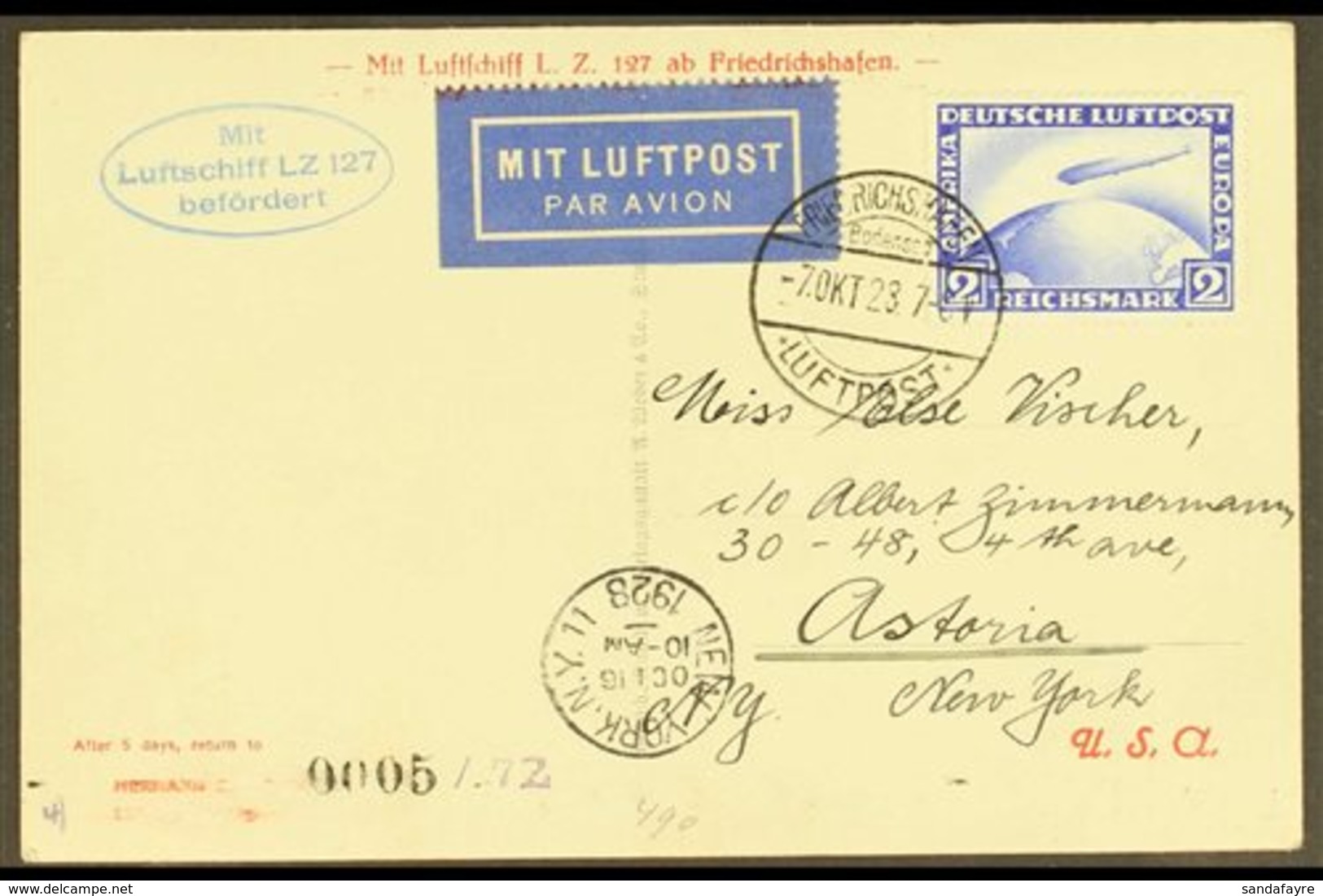 GRAF ZEPPELIN 1928 AMERICA FLIGHT 1928 (7 Oct) Picture Postcard Addressed To New York, Bearing 2m Zeppelin Stamp Tied By - Autres & Non Classés