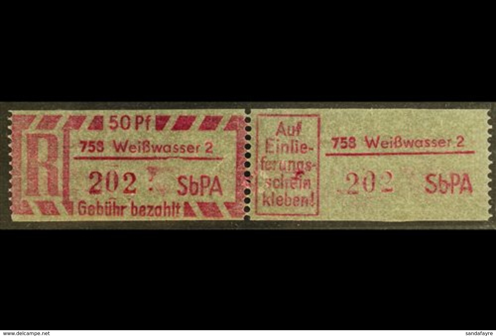 REGISTERED MAIL STAMP (EINSCHREIBEMARKEN) 1968 50pf With Type 1 Postcode, Perf 12½, Michel 2 C PLZ 758-2 (Weisswasser 2) - Other & Unclassified