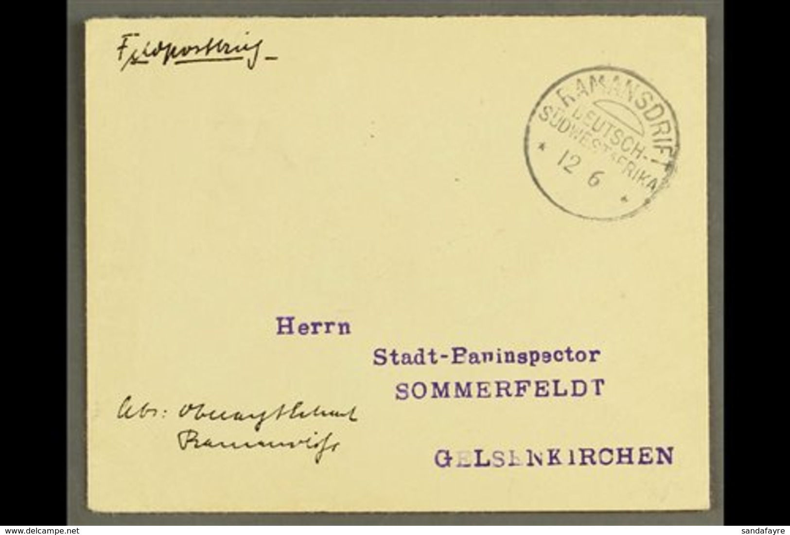 SOUTH WEST AFRICA 1907 (12 Jun) Stampless Feldpost Cover To Germany With Fine "RAMANSDRIFT" Cds Postmark (without Year S - Other & Unclassified