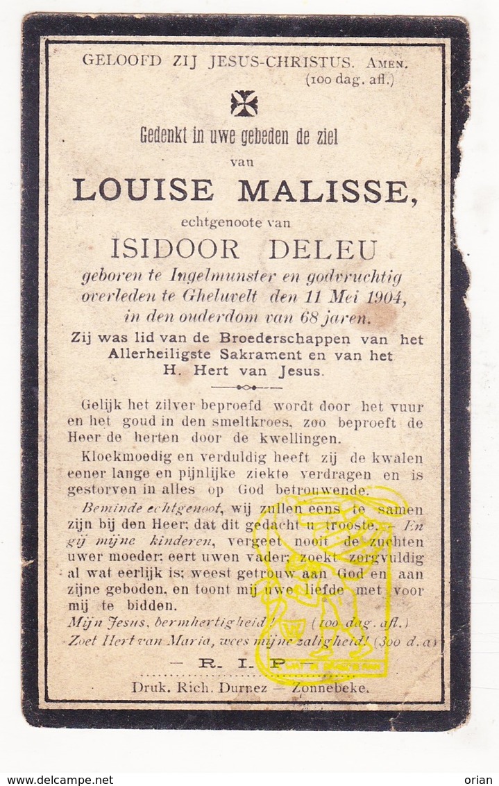 DP Louise Malisse ° Ingelmunster 1836 † Geluveld Zonnebeke 1904 X Isidoor Deleu - Images Religieuses