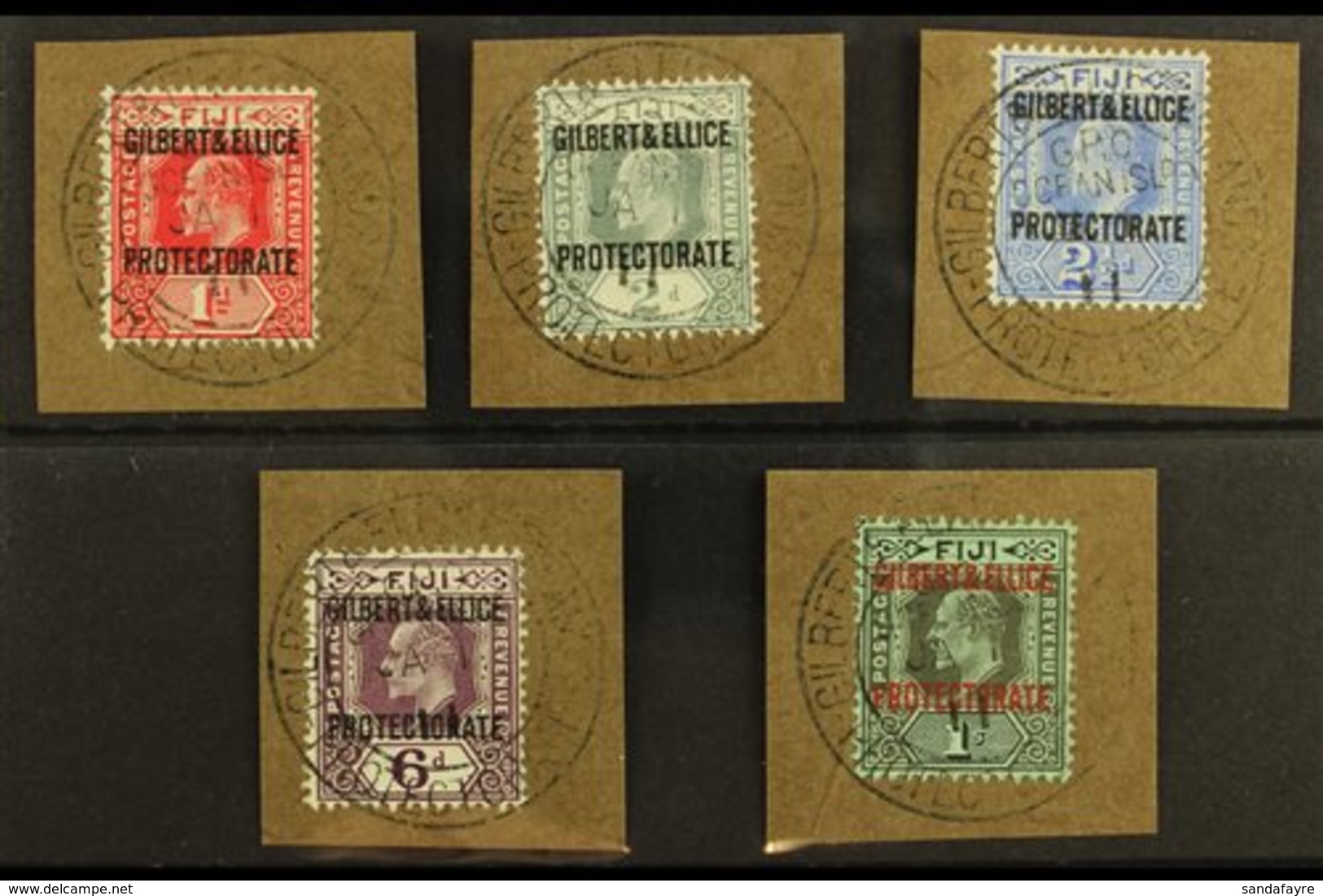 1911 1d, 2d, 2½d, 6d & 1s Overprints (SG 2/4 & 6/7), Superb Used On Pieces Tied By "GPO Ocean Island / Gilbert & Ellice  - Gilbert & Ellice Islands (...-1979)