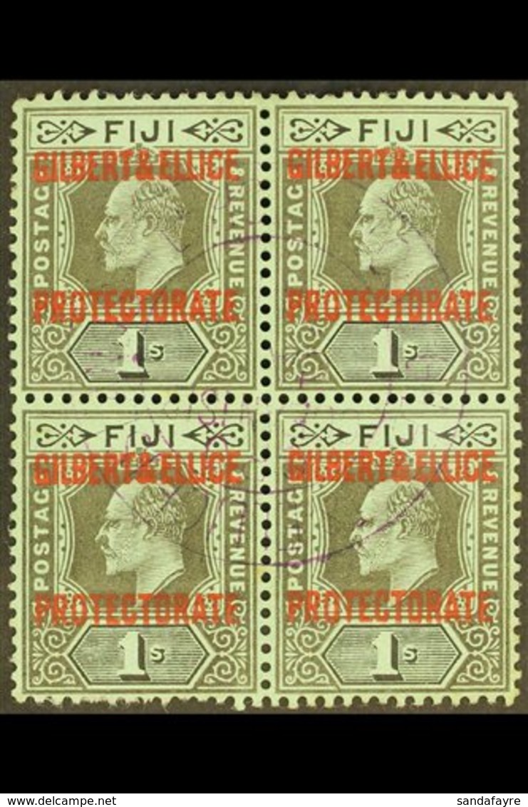 1911 1s Black On Green, Overprinted, SG 7, Superb Used Block Of 4 With Central Protectorate Cds Cancel. For More Images, - Gilbert & Ellice Islands (...-1979)