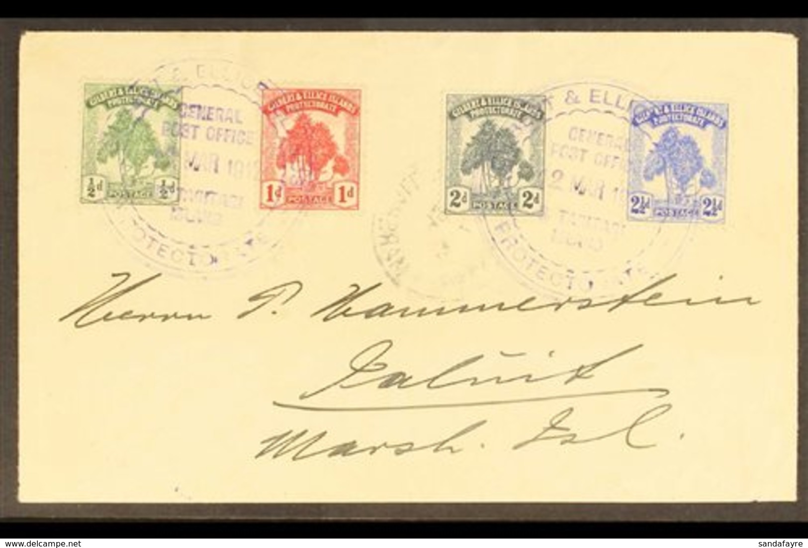 1912 (12 March) An Attractive And Neat Envelope To Jaluit, Marshall Is, Bearing Pandanus Pine Set, SG 8/11, Tied Large T - Îles Gilbert Et Ellice (...-1979)