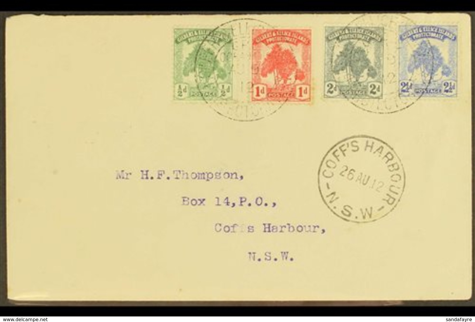 1912 (Aug) A Neat Envelope To Coffs Harbour, New South Wales, Bearing The Pandanus Pine Set, SG 8/11, Tied Double Ring O - Gilbert & Ellice Islands (...-1979)