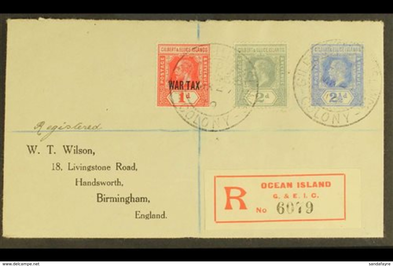 1919 (March) A Most Attractive "Wilson" Envelope Registered Ocean Island To England, Bearing KGV 2d & 2½d, And War Tax 1 - Gilbert & Ellice Islands (...-1979)