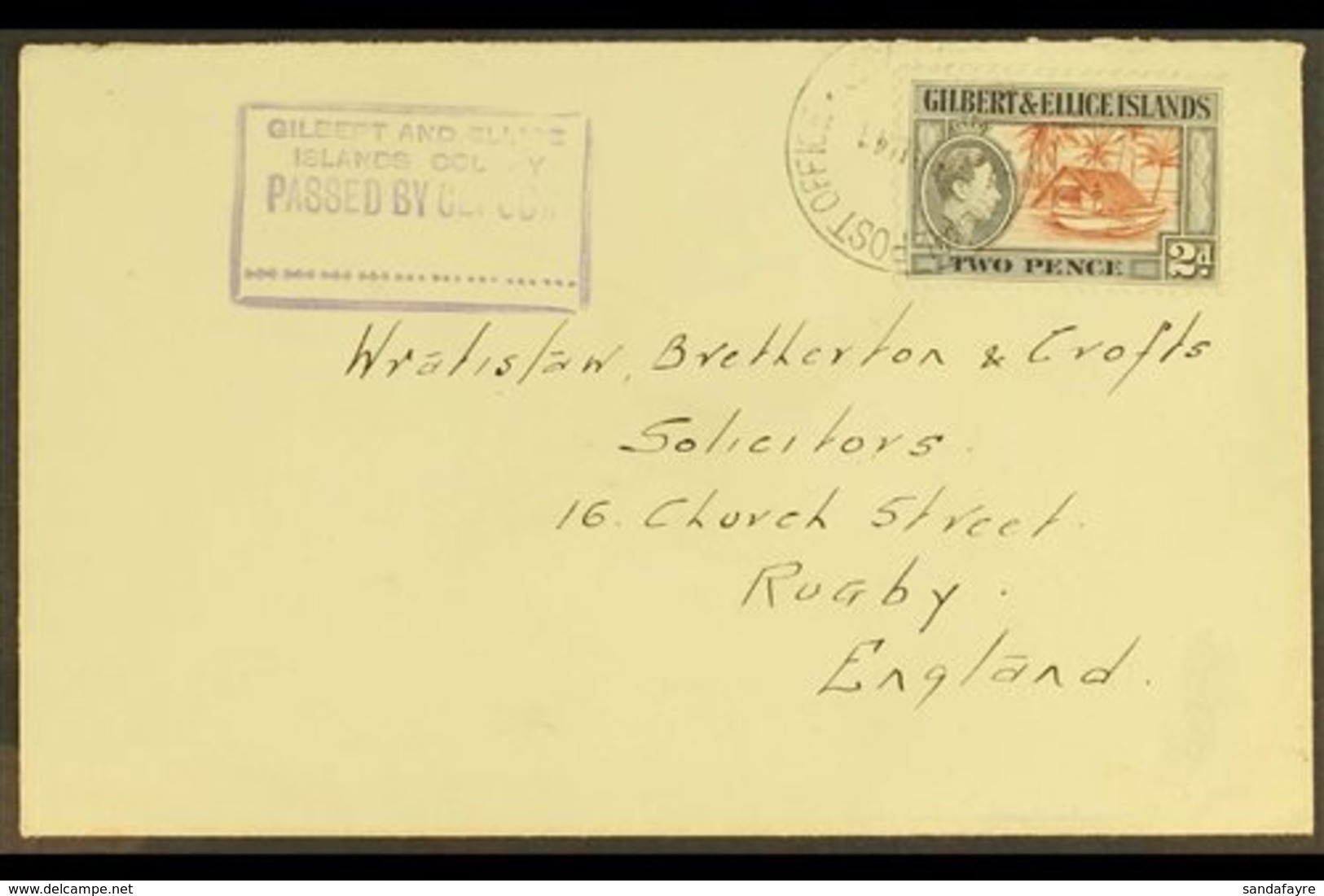 1941 (Aug) Neat Envelope To England, Bearing KGVI 2d Tied Ocean Island Cds, Violet Boxed "GILBERT AND ELLICE/ISLANDS COL - Gilbert & Ellice Islands (...-1979)