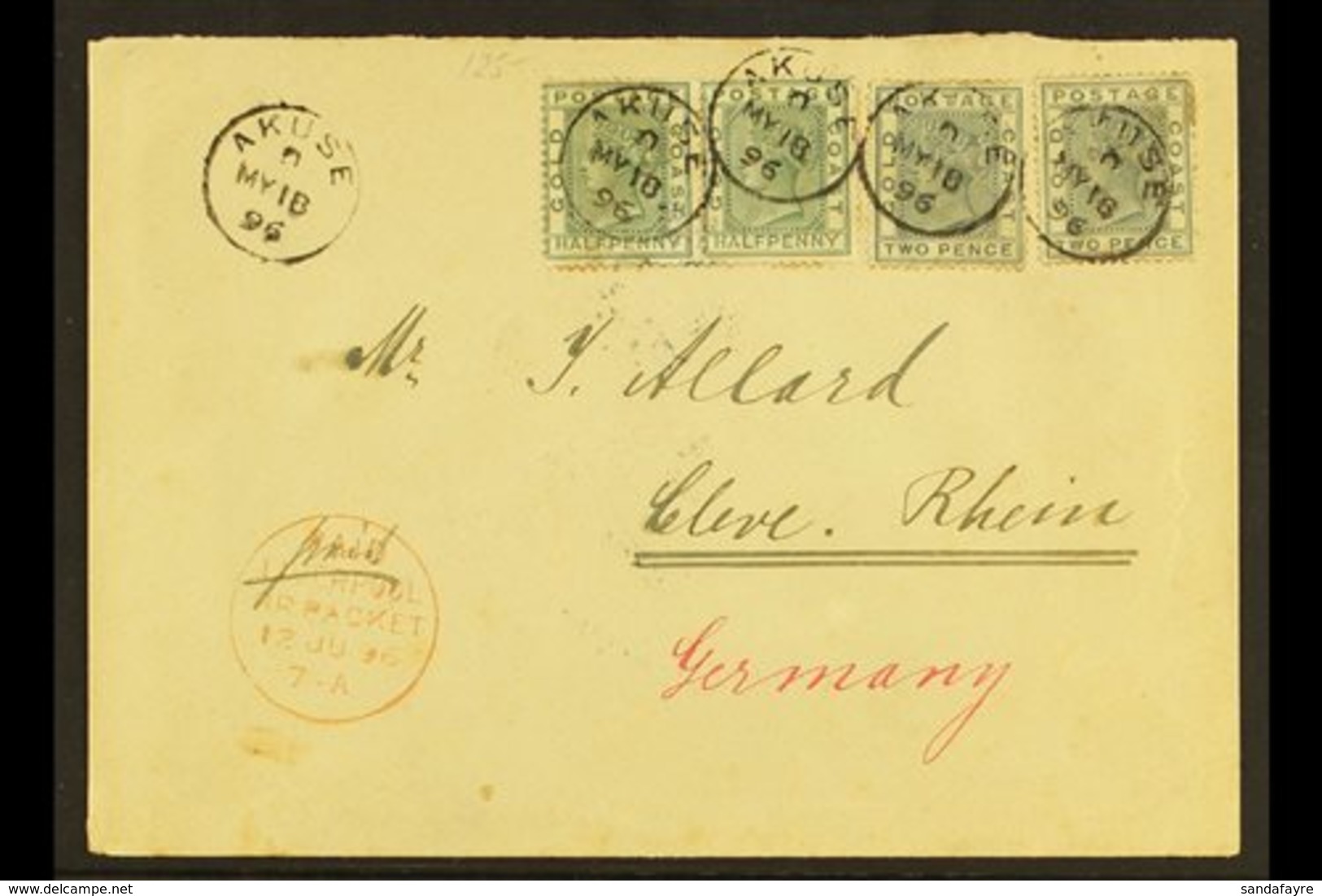 1896 (18 May) Cover Addressed To Germany, Bearing 1884-91 ½d Pair & 2d (x2) Stamps Tied By "Akuse" Cds's, With "Paid Liv - Gold Coast (...-1957)