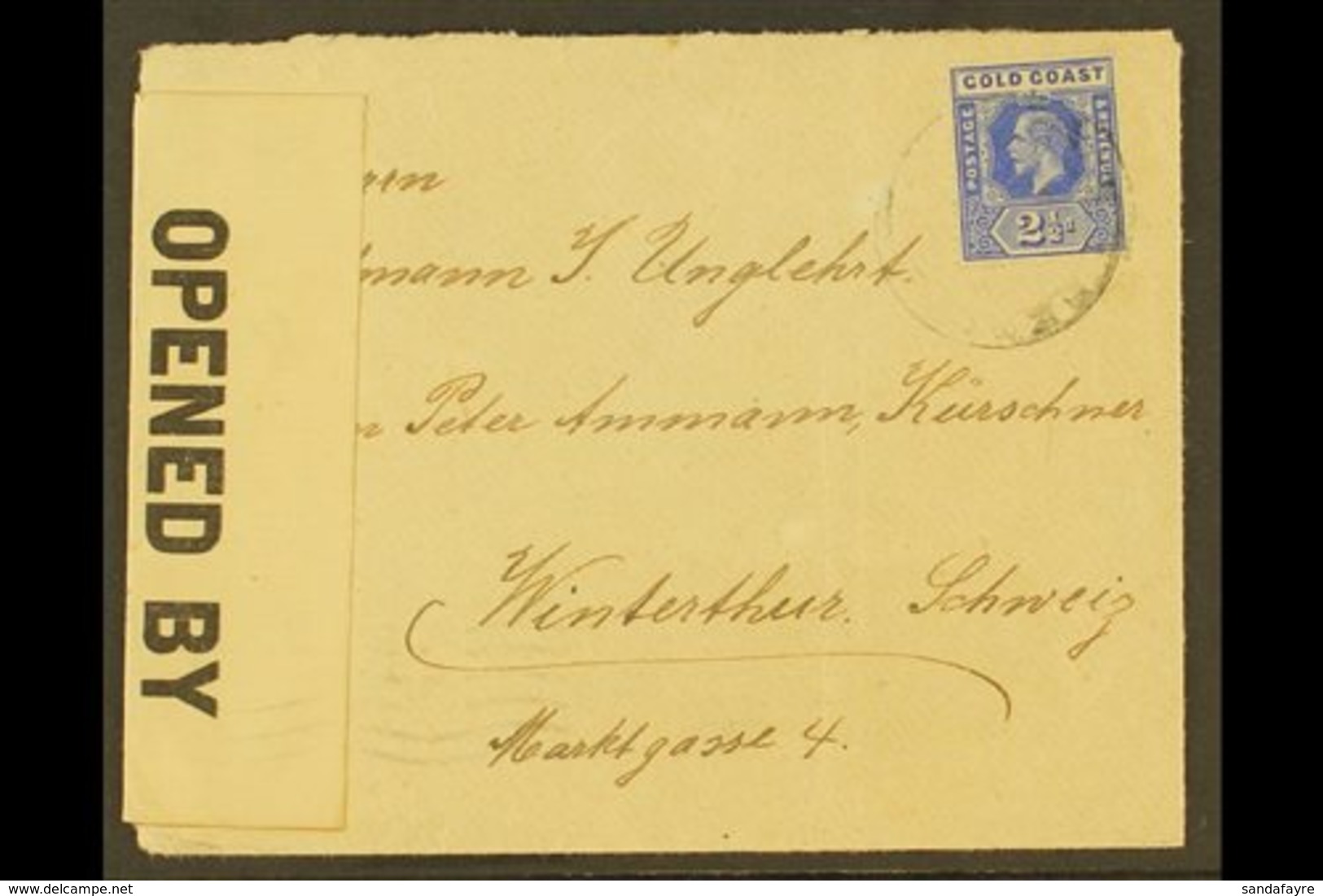 1917 CENSOR COVER. 1917 Censored To Switzerland Bearing KGV 2½d Tied By "BEGORO" Double Ring Cds, And With Accra Censor  - Gold Coast (...-1957)