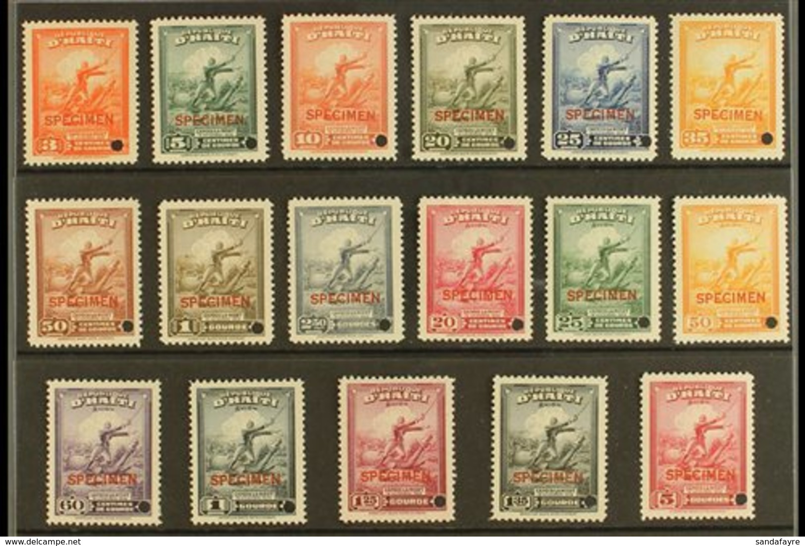 1946 "Capois-la-Mort" Postage And Air Complete Set, SG 400/16, Overprinted "SPECIMEN" And With Security Punch Hole, Neve - Haïti