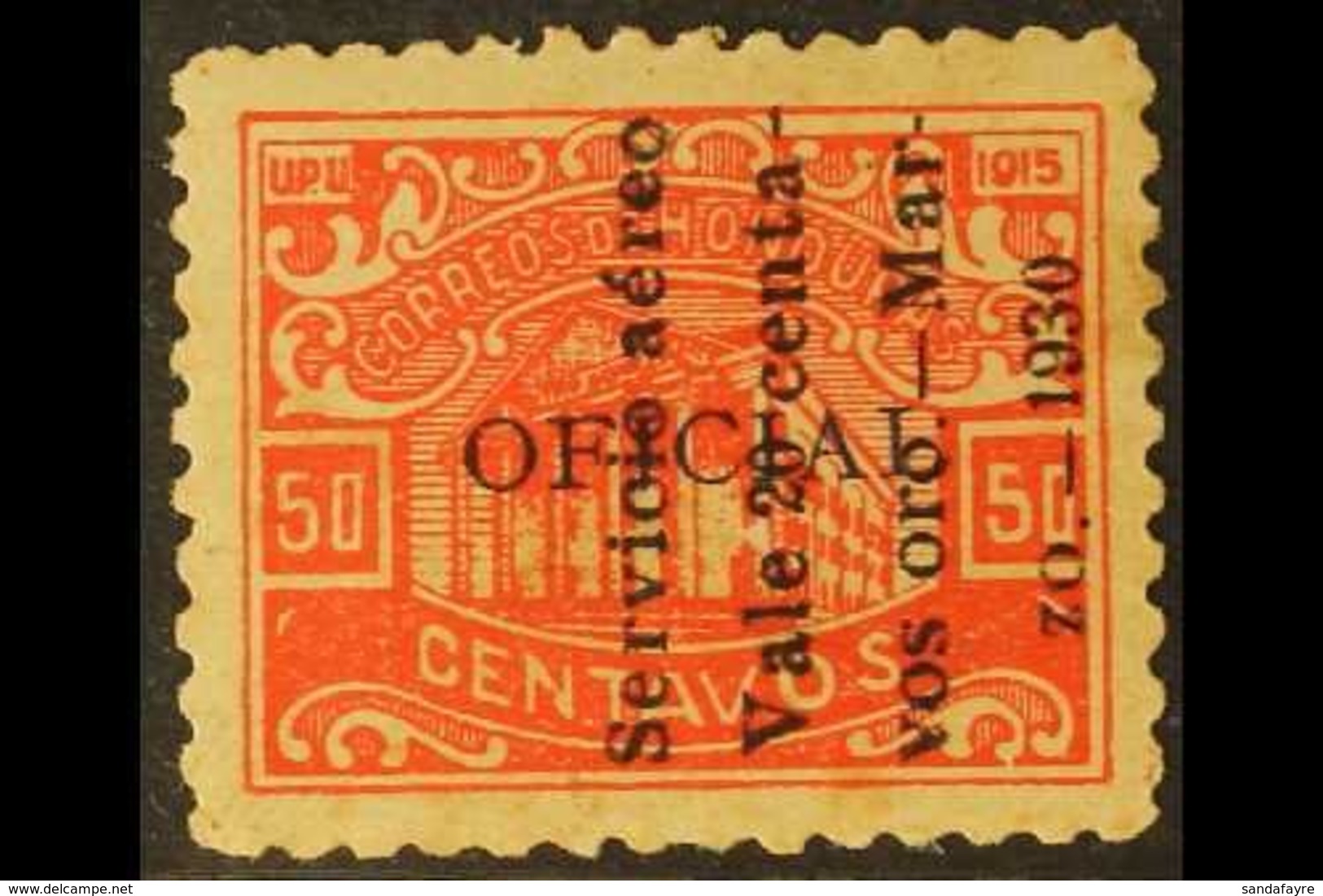 1930 AIR POST RARITY. 1920 20c On 50c Vermilion Official Stamp With 4- Line "Servicio Aereo / Vale 20 Cena- / Vos Oro. - - Honduras