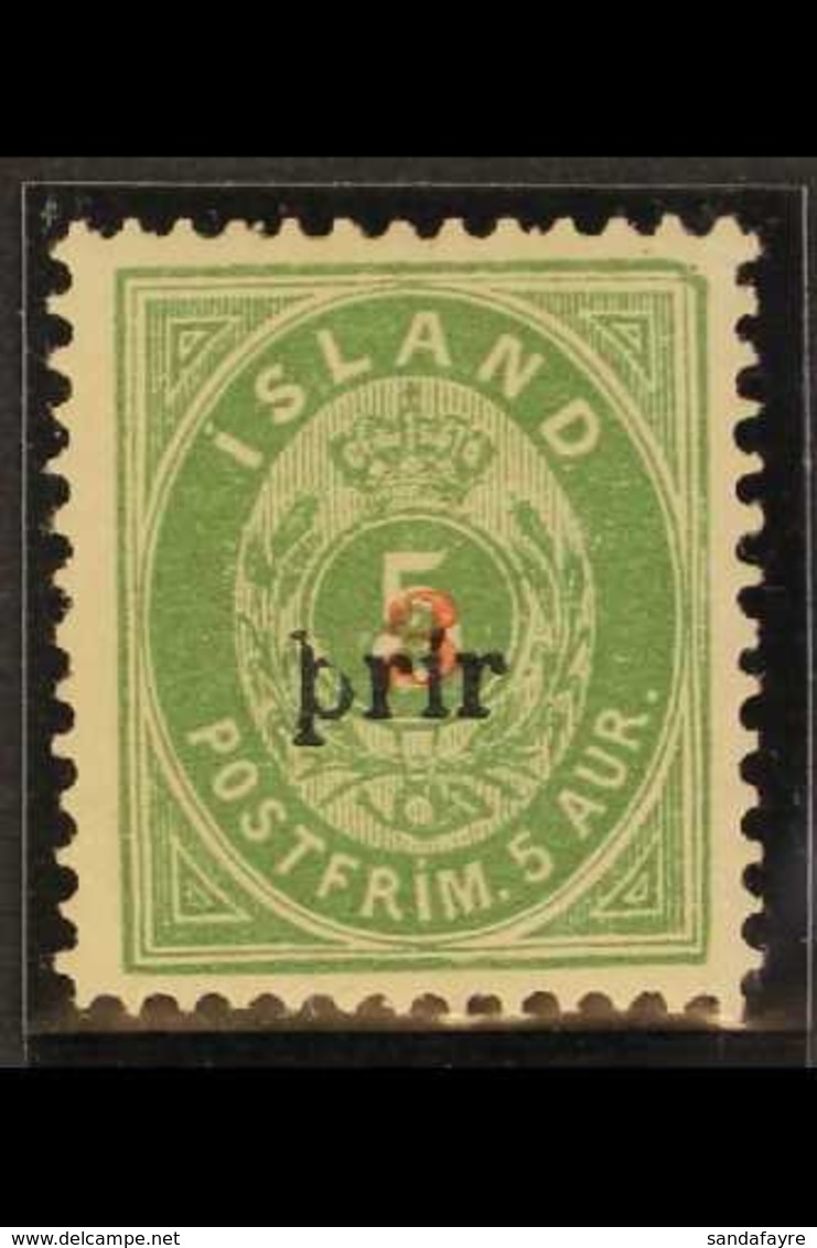 1897 3(a) On 5a Green, Perf.12¾, Type I Overprint With "prir" & "3" In Red, Mi 18BI, SG 39, Facit 35, Fine Mint. For Mor - Other & Unclassified
