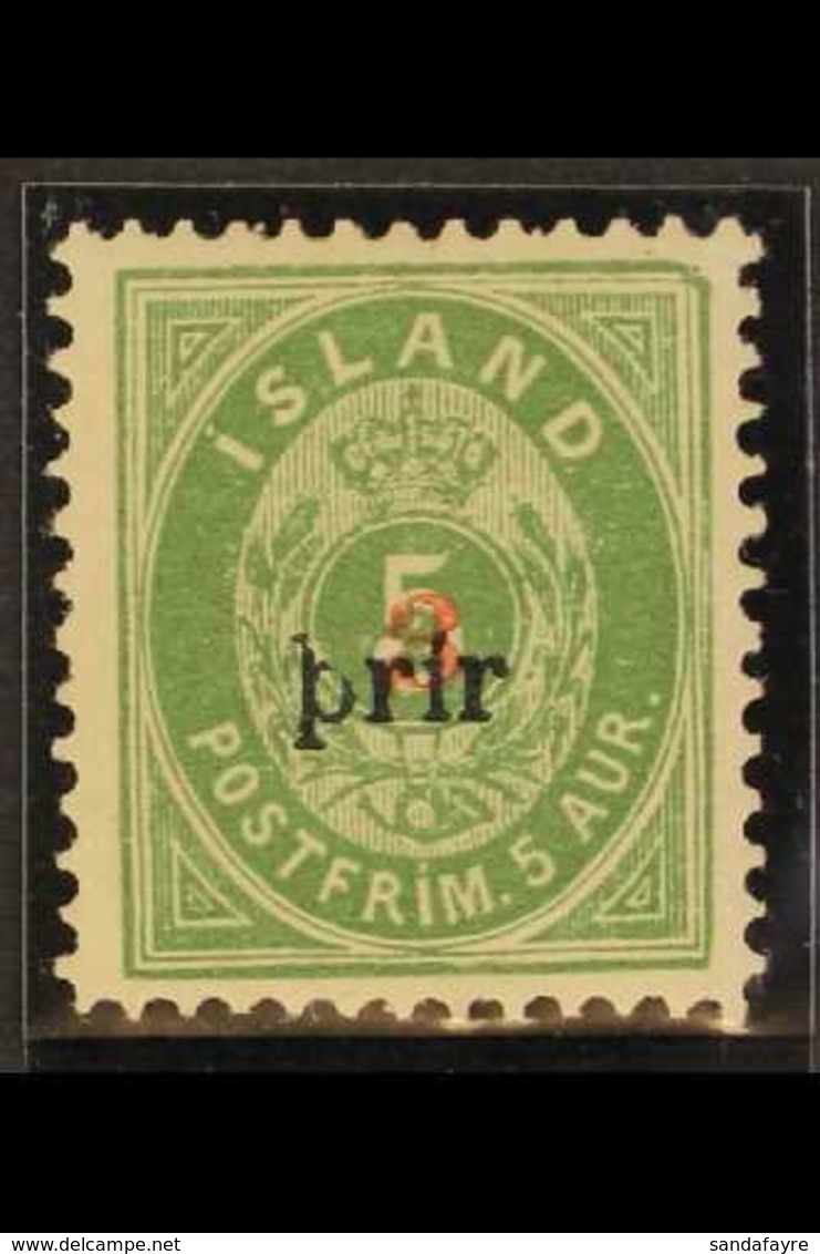 1897 3(a) On 5a Green, Perf.12¾, Type I Overprint With "prir" & "3" In Red, Mi 18BI, SG 39, Facit 35, Fine Mint. For Mor - Sonstige & Ohne Zuordnung