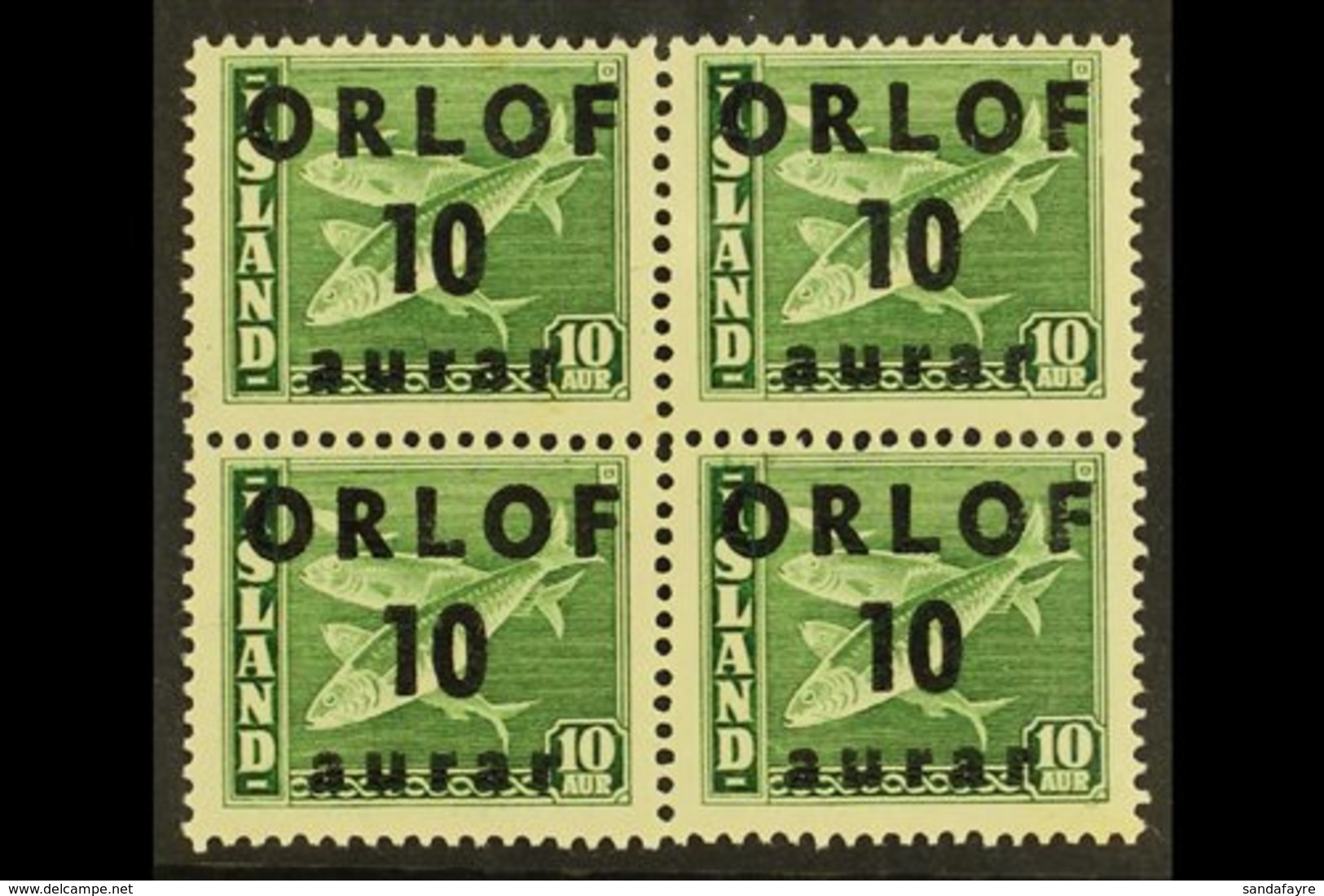 REVENUE STAMPS 1943 Vacation Savings Stamps - "ORLOF" Overprint 10aur On 10aur Green Codfish - A Never Hinged Mint BLOCK - Autres & Non Classés