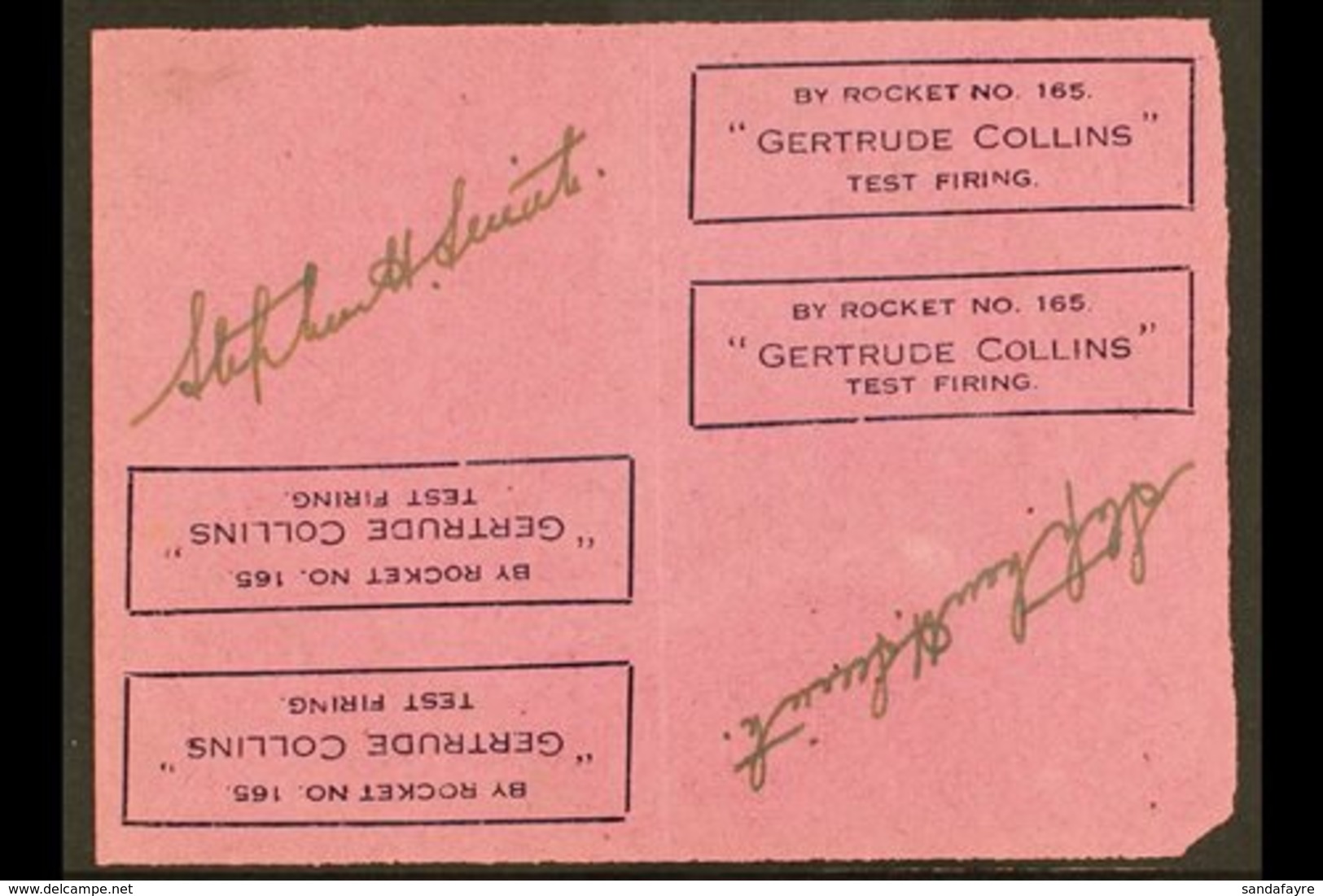 ROCKET MAIL 1938 Double Sided Sheetlet Of Tete Beche Blocks Of 2 Rocket Carriage Labels, Blue On Magenta Paper, Ellingto - Sonstige & Ohne Zuordnung