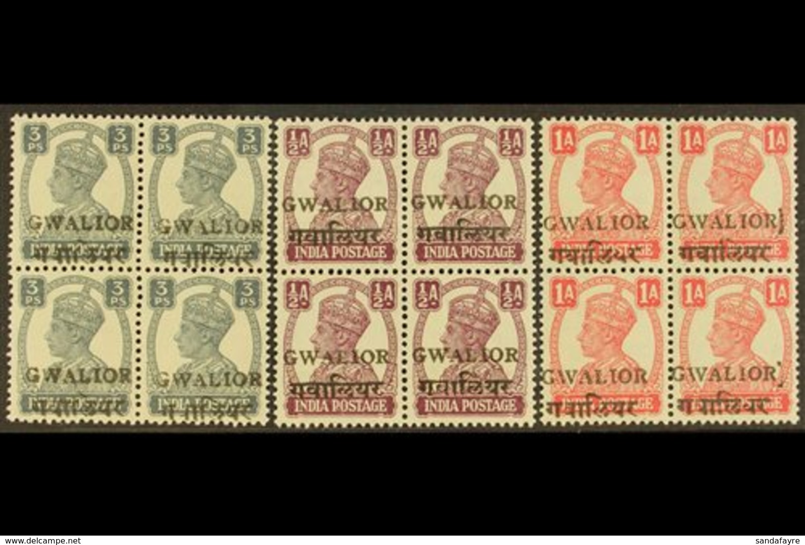 GWALIOR 1949 3p, ½a & 1a Alizah Overprints, BLOCKS OF FOUR, SG 129/31, Never Hinged Mint (3 Blocks). For More Images, Pl - Other & Unclassified