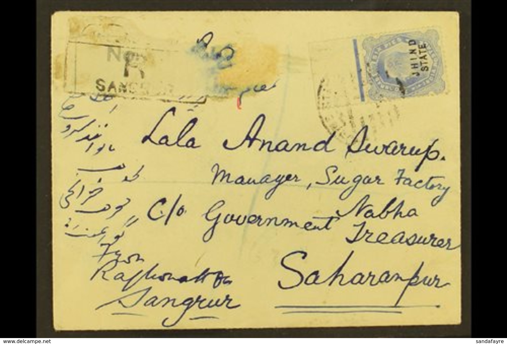JHIND 1910 (14 Nov) Registered Cover From Sangrur To Saharanpur Bearing KEVII 2a6p Ultramarine (SG 47), Fine Marginal Ex - Other & Unclassified