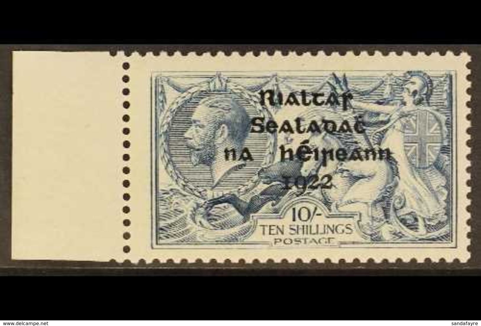 1922 THOM SEAHORSE RARITY 10s Dull Grey Blue Seahorse, Thom Printing, SG 46, Left Marginal Example Showing RETOUCH TO 10 - Other & Unclassified