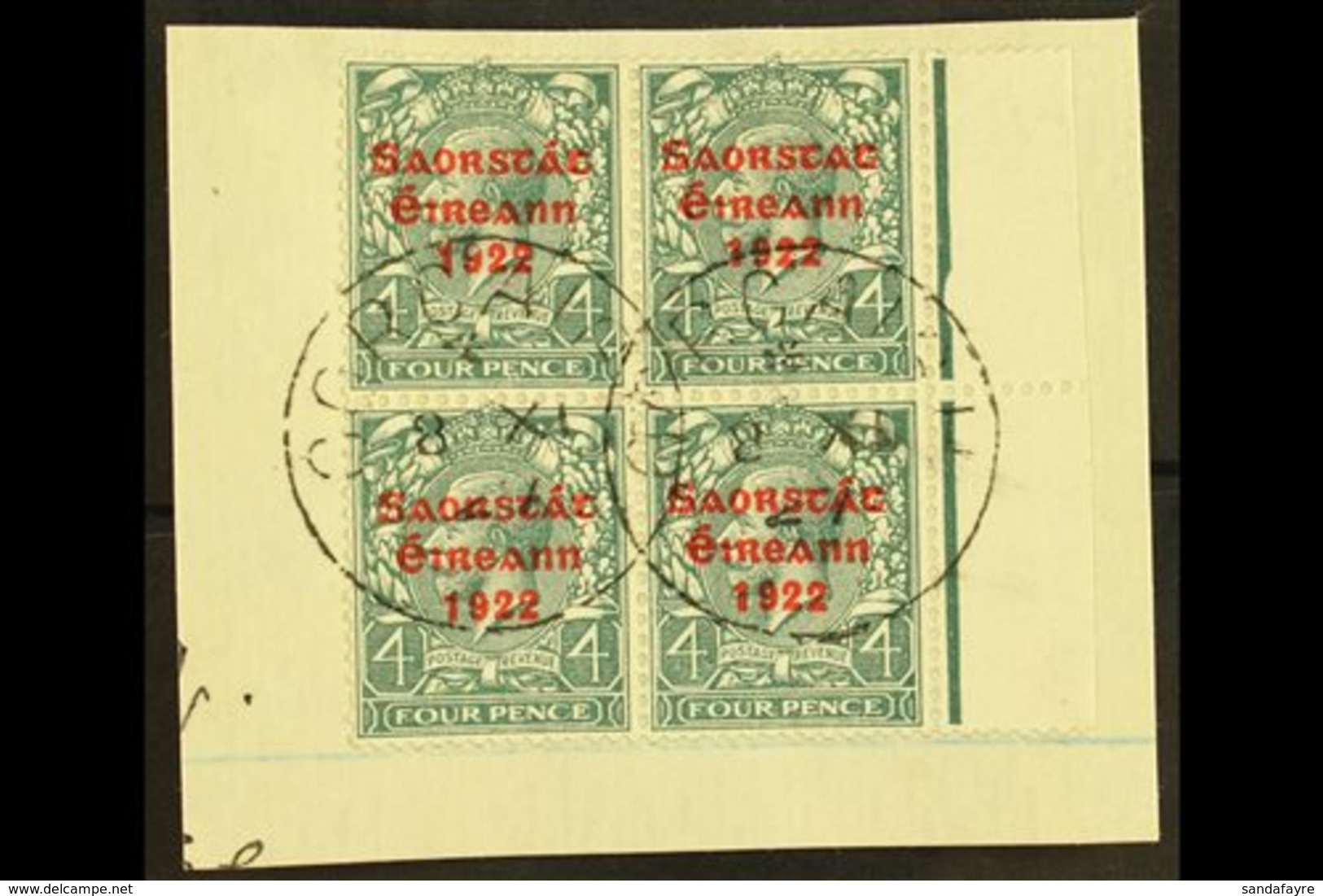 1922-23 SAORSTAT 4d Grey-green, Right Marginal Block Of Four, Showing NO ACCENT, SG 58a, On A Piece Tied By Cds's. For M - Autres & Non Classés