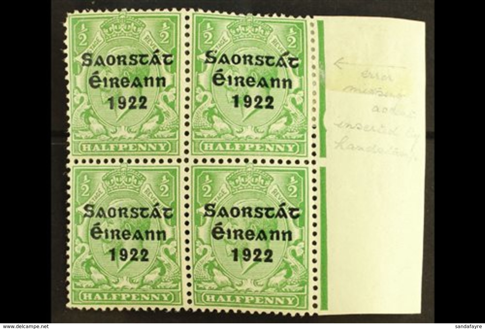 1922-23 SAORSTAT ½d Green, Right Marginal Block Of Four, One Showing Accent Inserted By Hand, SG 52b, Fresh Mint. For Mo - Autres & Non Classés