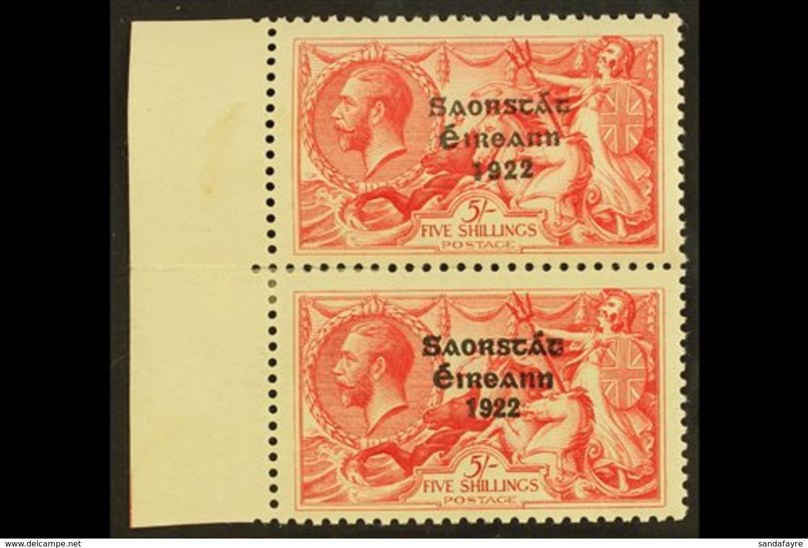 1925-28 5s Rose-carmine Seahorses With WIDE AND NARROW DATE Overprints Vertical Marginal Pair (SG 84a, Hibernian T70v),  - Other & Unclassified