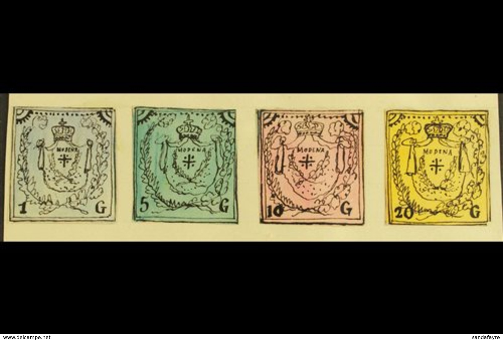 1861 HAND PAINTED STAMPS Unique Miniature Artworks Created By A French "Timbrophile" In 1861. MODENA Four Values Only Va - Non Classés