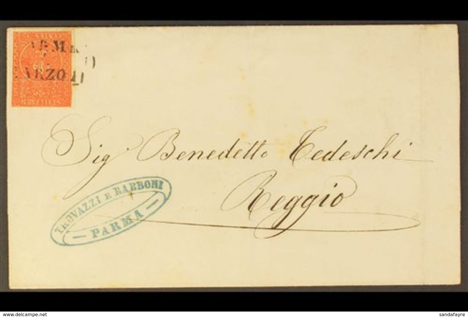 PARMA 1855 Cover To Reggio, Franked Scarce 1853 - 5 15c Vermilion, Sass 7,  Just Cut In At Right, Tied By 3 Line Parma C - Unclassified