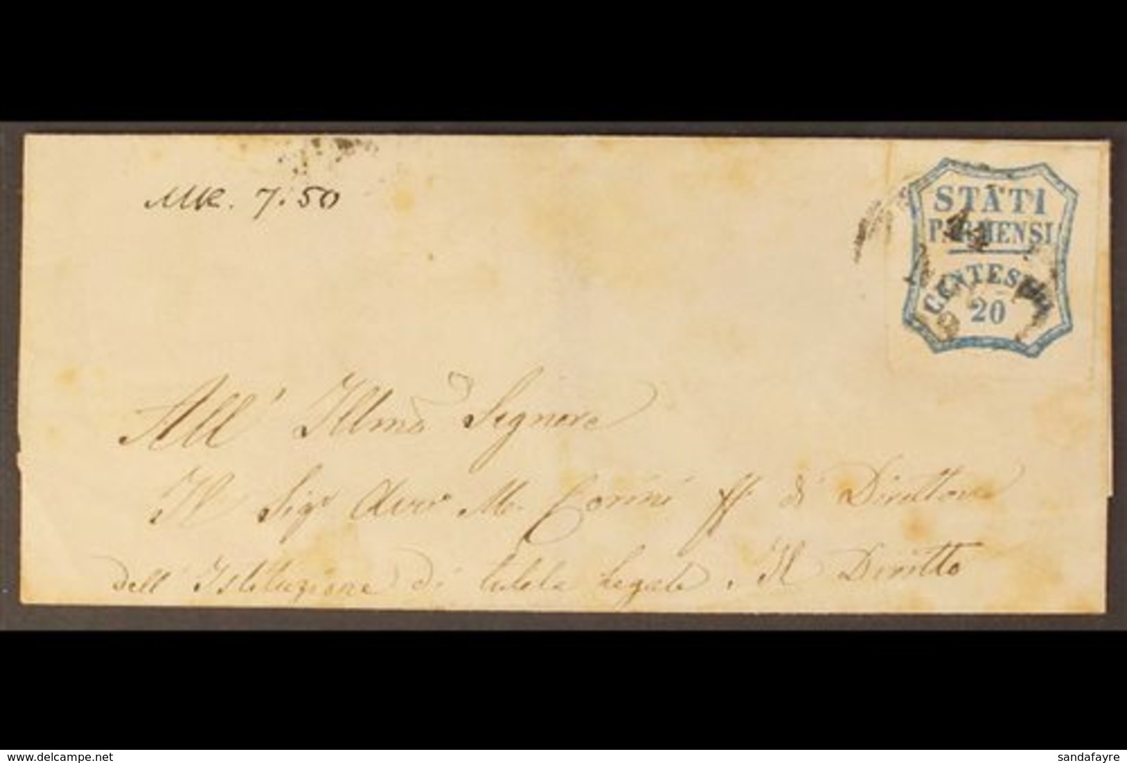 PARMA 1859 Wrapper To Genova Franked 20c Blue Provisional, Sass15, Tied By Parma 11 Nov 59 Cds. Some Peripheral Toning B - Non Classés