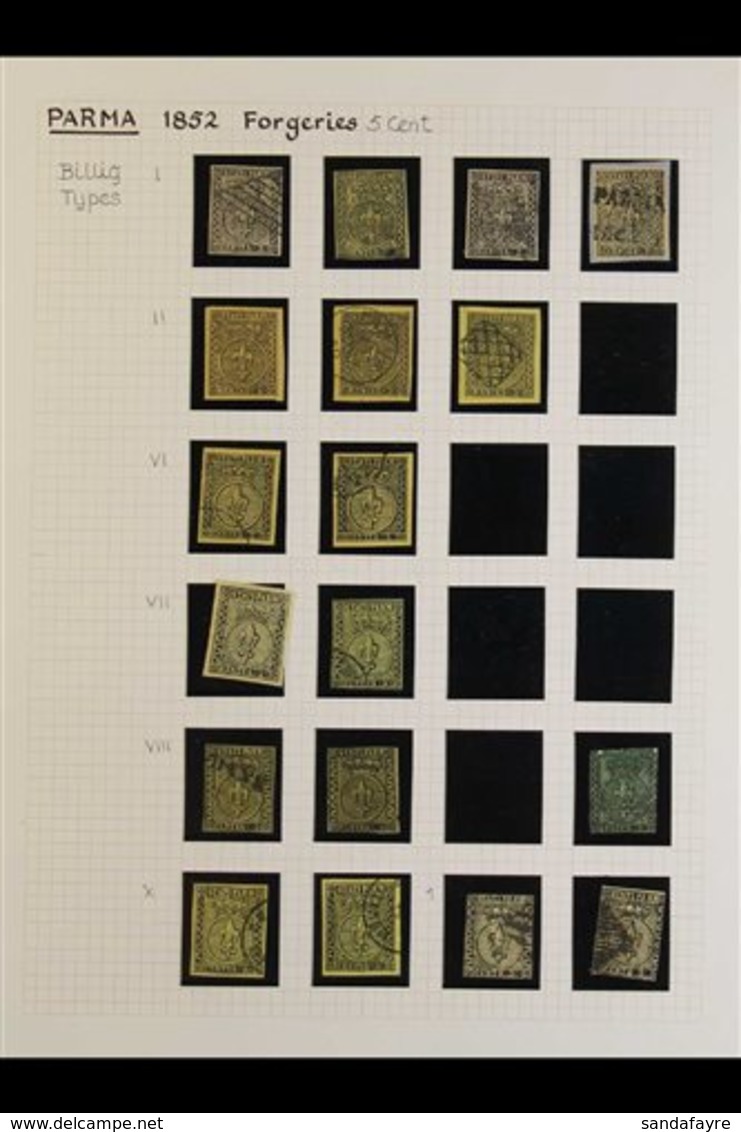 PARMA FORGERIES 1852 Issue, Interesting Collection Written Up On Leaves And Arranged By Billig Types From 5c To 40c, Bot - Unclassified
