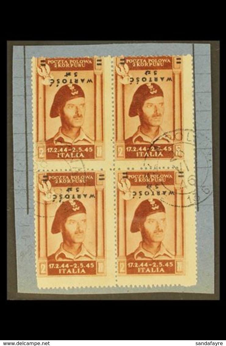 POLISH CORPS 1946 5z On 2z Red Brown Anders Airmail, Variety "Overprint Inverted", Sass 1b, Superb Used Block Of 4 Tied  - Unclassified