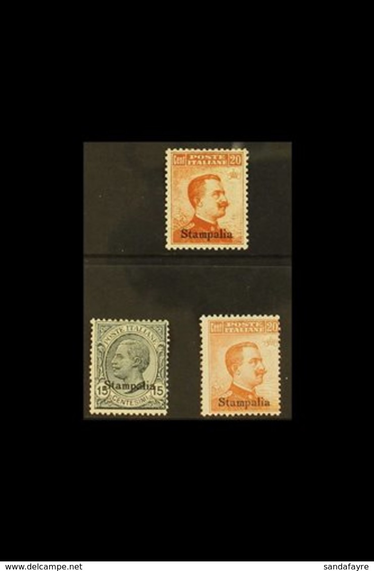 AEGEAN IS - STAMPALIA 1917 - 1922 20c Orange Without Wmk, 15c Grey And 20c With Wmk, Sass 9/11, Fine Mint. (3 Stamps) Fo - Other & Unclassified