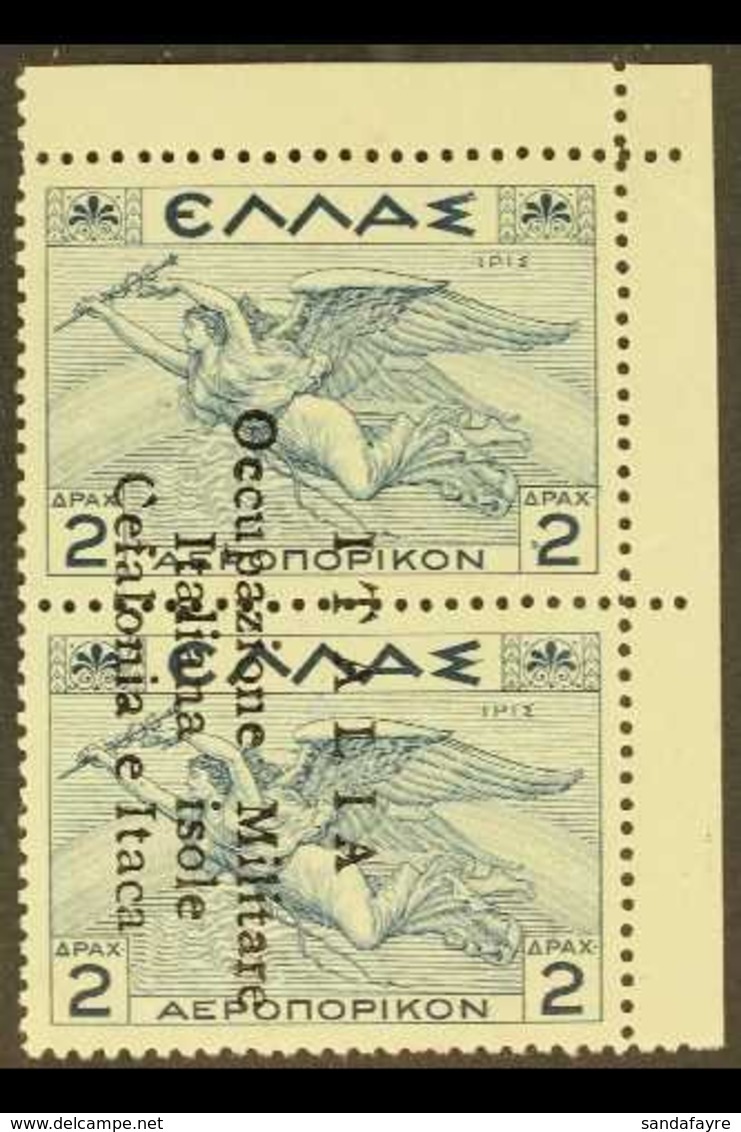 CEFALONIA & ITHACA 2 + 2d Blue Airmail, Vertical Pair Overprinted, Sass 3, Very Fine Never Hinged Mint. Signed Oliva. Fo - Other & Unclassified