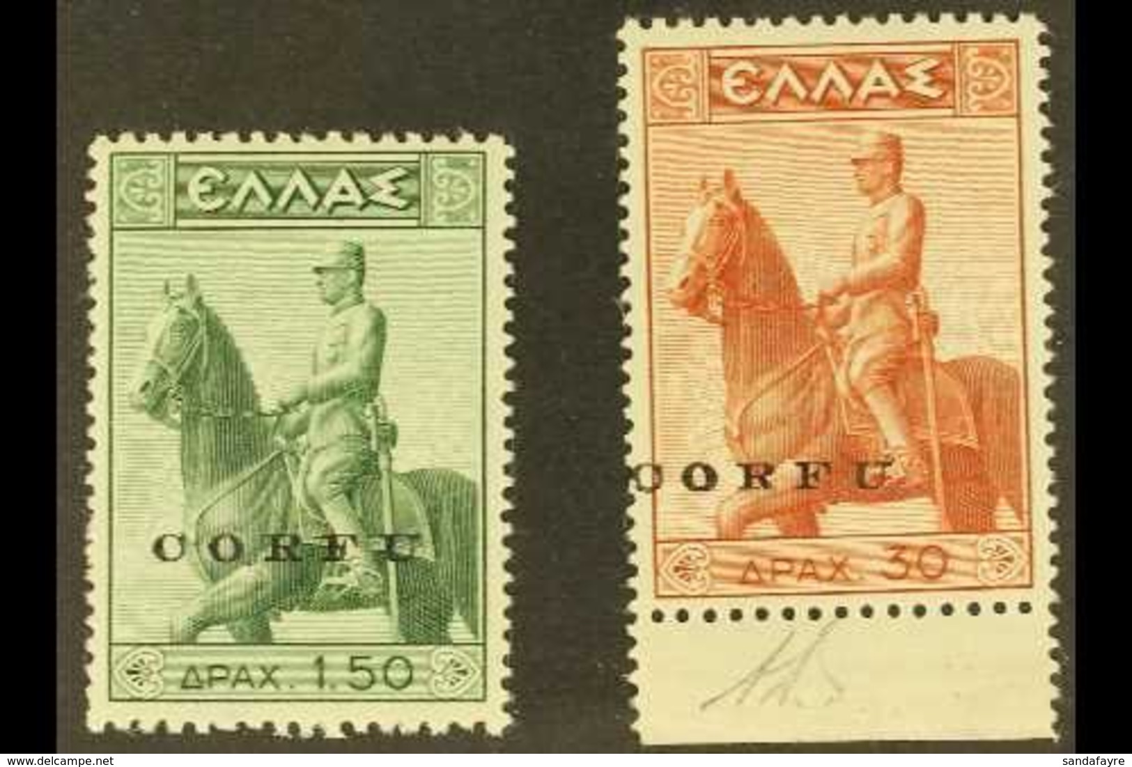 CORFU 1941 1.50d And 30d Horseman Pair, Overprinted, Sass S35 Very Fine Never Hinged Mint. Signed Diena. For More Images - Other & Unclassified