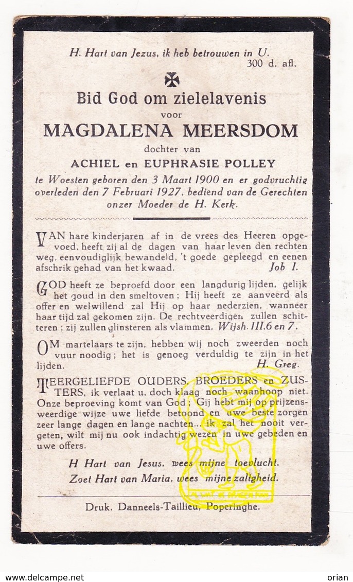 DP Magdalena Meersdom / Polley 26j. ° Woesten Vleteren 1900 † 1927 - Images Religieuses