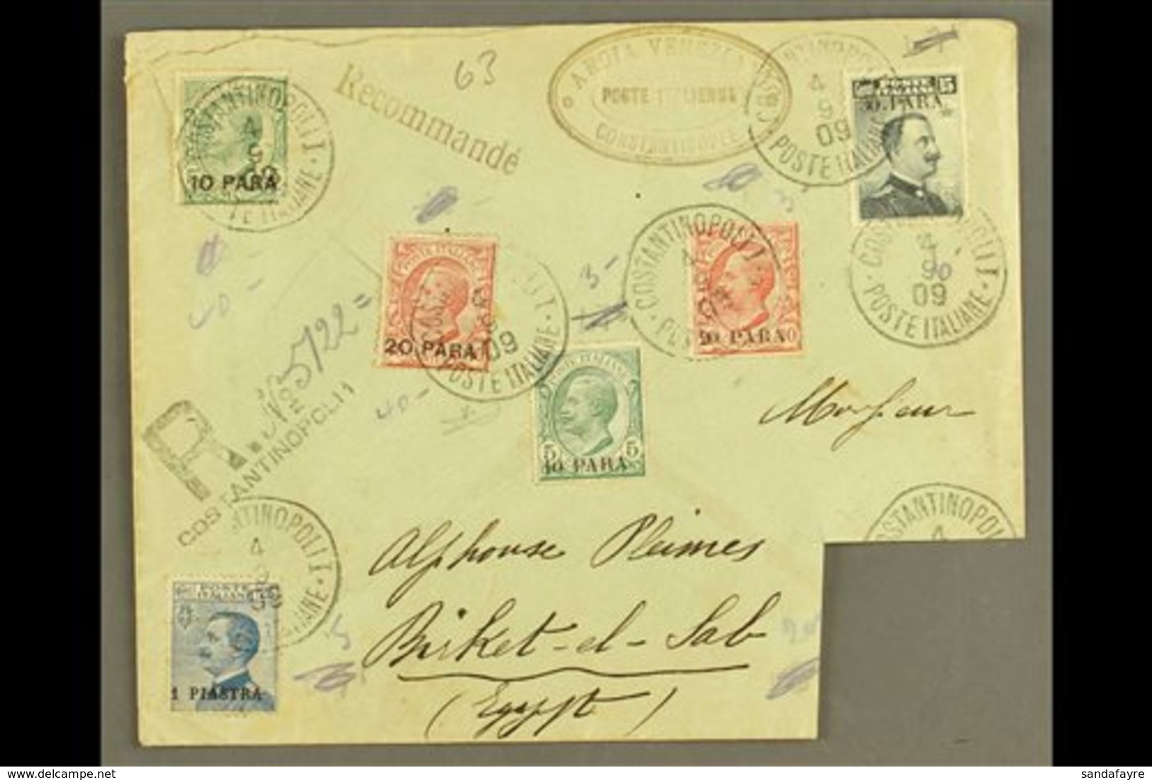 POST OFFICES IN TURKISH EMPIRE 1909 Registered Cover To Egypt, Franked With 1st Issue 1908 10pa On 5c & 20pa On 10c, 2nd - Other & Unclassified