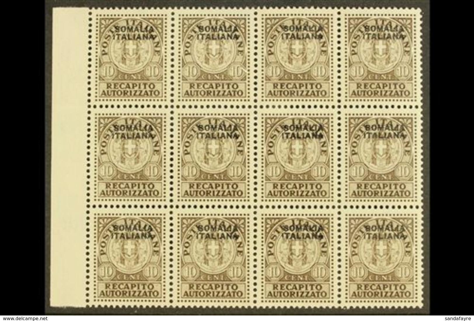 SOMALIA 1939 10c Brown Recapito Autorizzato, Sass 1, Superb NEVER HINGED MINT Marginal Block Of 12. Each Signed Stamp Di - Other & Unclassified