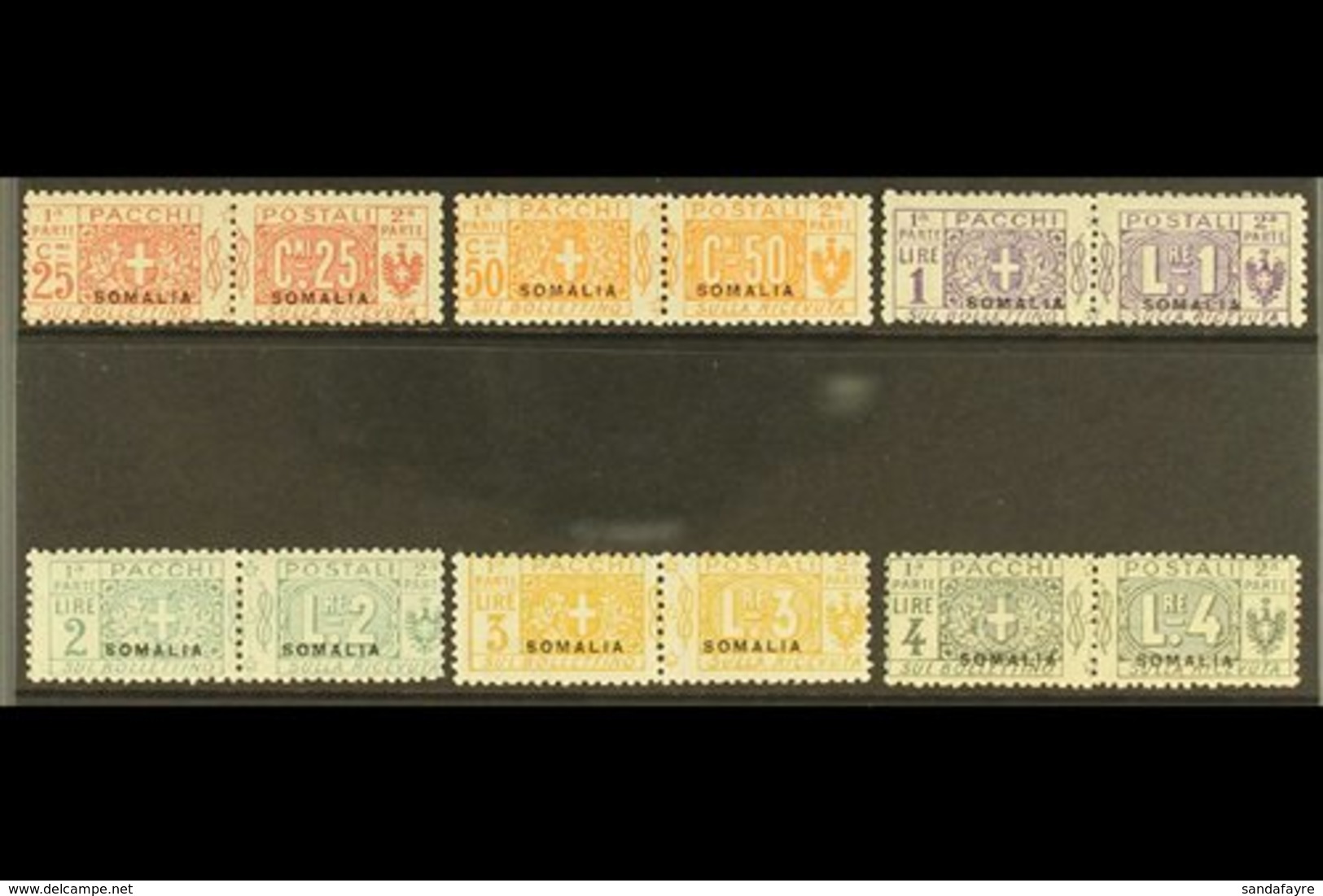 SOMALIA PARCEL POST 1923 "SOMALIA" Overprints Complete Set (Sassone 15/20, SG P32/37), Fine Mint Horizontal Pairs, 50c,  - Other & Unclassified