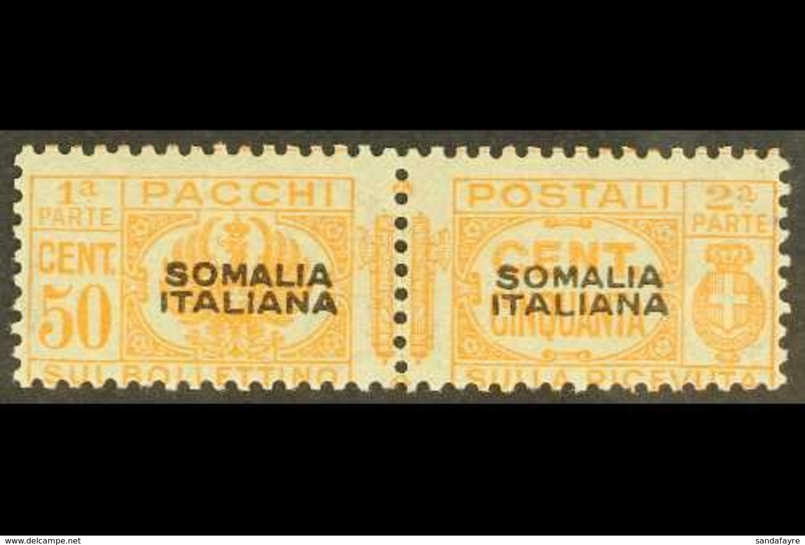 SOMALIA PARCEL POST 1928-41 50c Orange With Forged Overprint (as Sassone 58, SG P115), Never Hinged Mint Horizontal Pair - Other & Unclassified