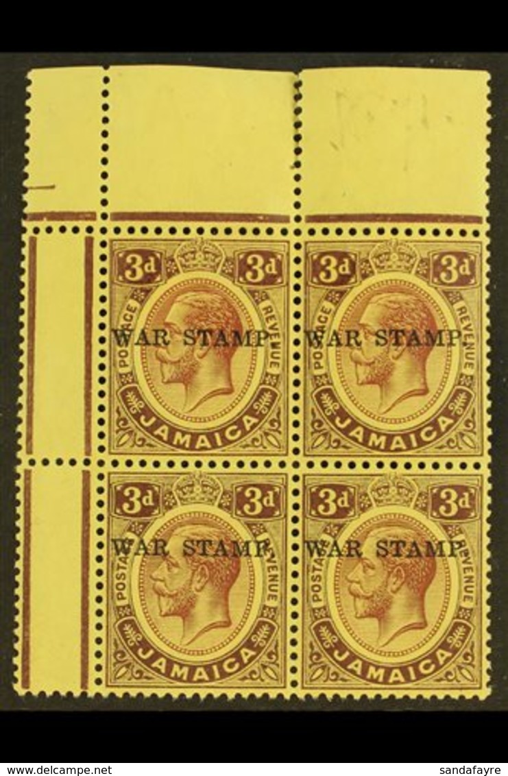 1916 3d Purple On Yellow (white Back) "War Stamp" Overprint, SG 69, Fine Mint (all Stamps Are Never Hinged) Corner BLOCK - Jamaica (...-1961)