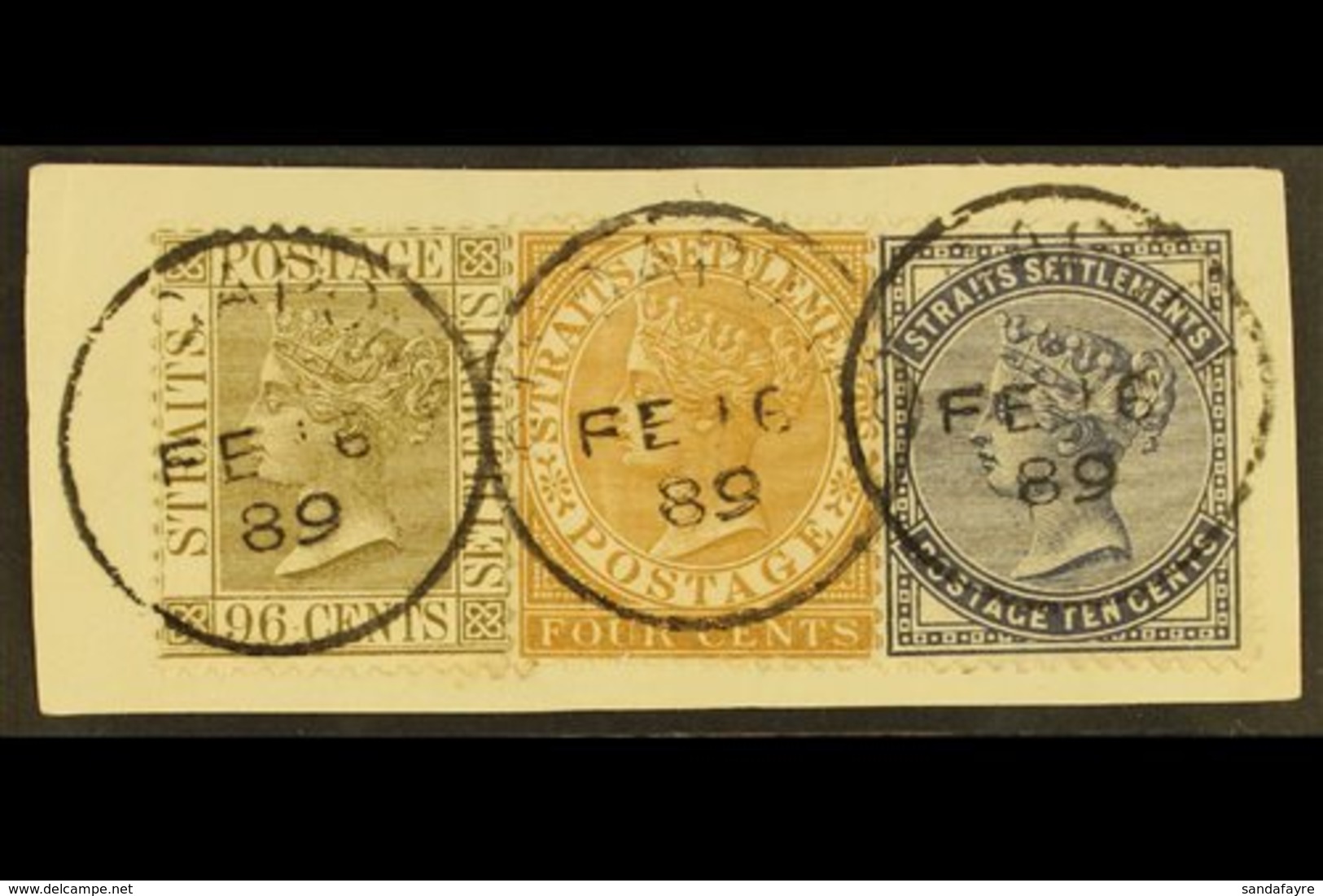1883 4c Pale Brown, 10c Slate And 96c Olive Grey, SG 53, 64, 71 Superb Used On Piece. Pretty. For More Images, Please Vi - Straits Settlements